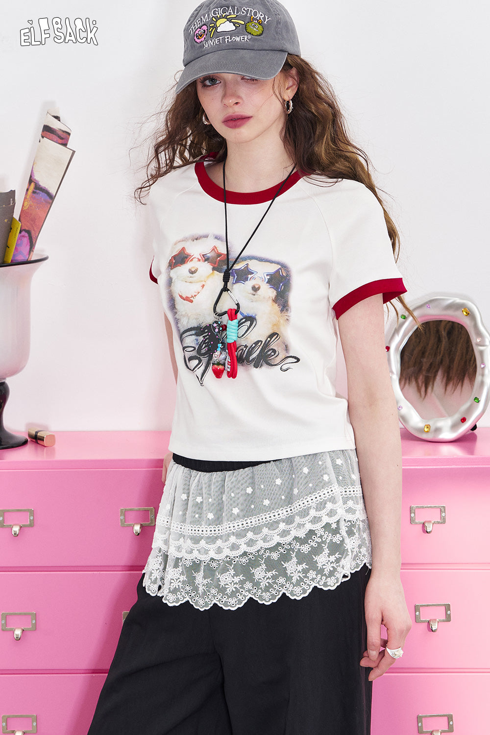 ELFSACK 2025 Summer New Arrivals Color Blocking Puppy Print Short Sleeved T-Shirt For Women