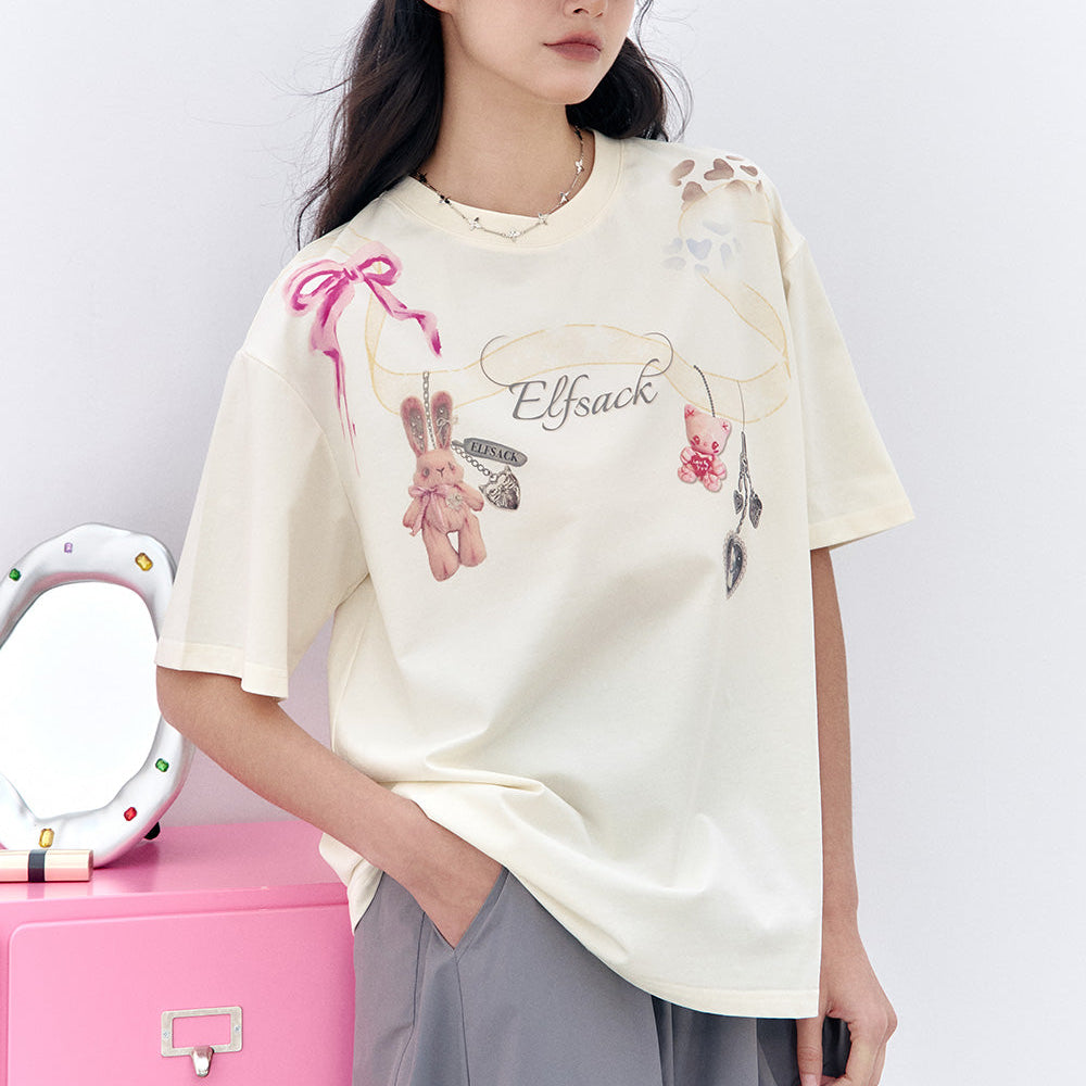 ELFSACK 2025 Summer New Arrivals Y2K White Printed Short Sleeved T-Shirt For Women