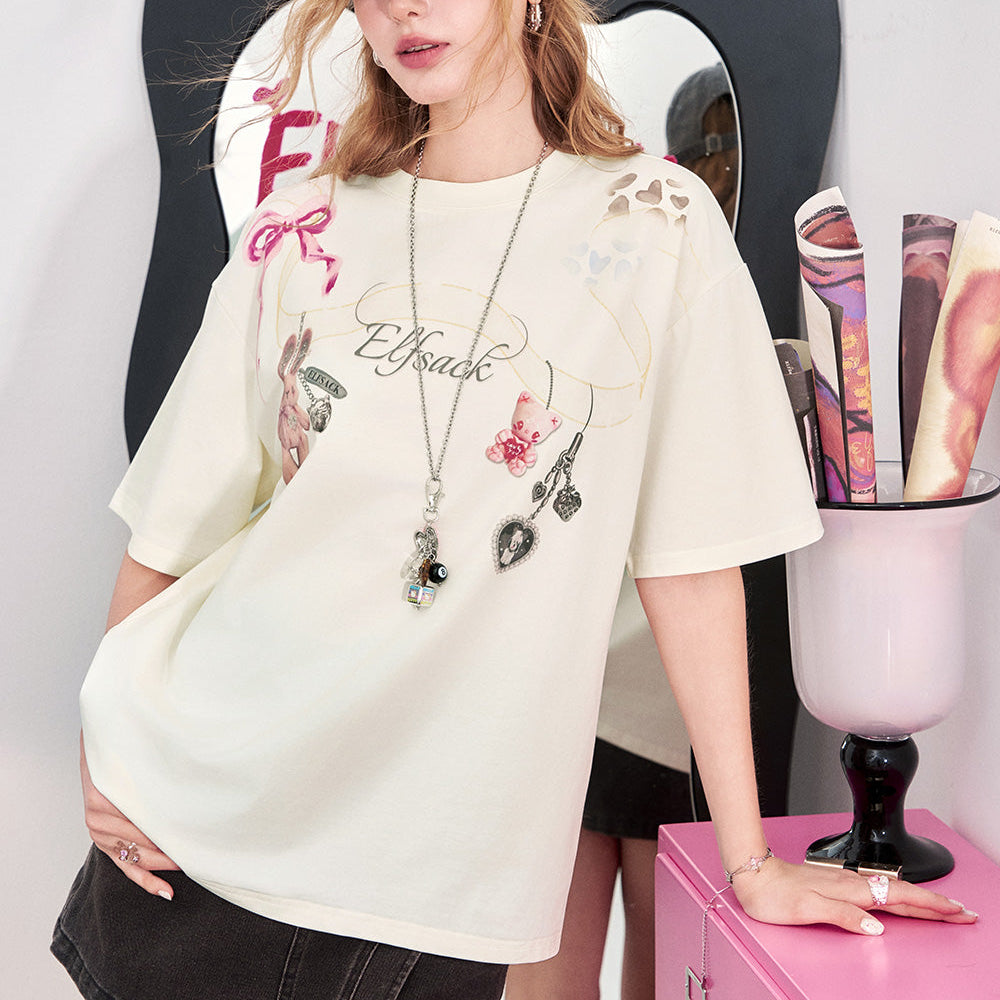 ELFSACK 2025 Summer New Arrivals Y2K White Printed Short Sleeved T-Shirt For Women
