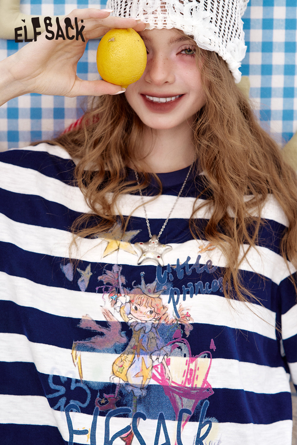 ELFSACK Striped Printed Loose Casual Short Sleeve T-Shirt