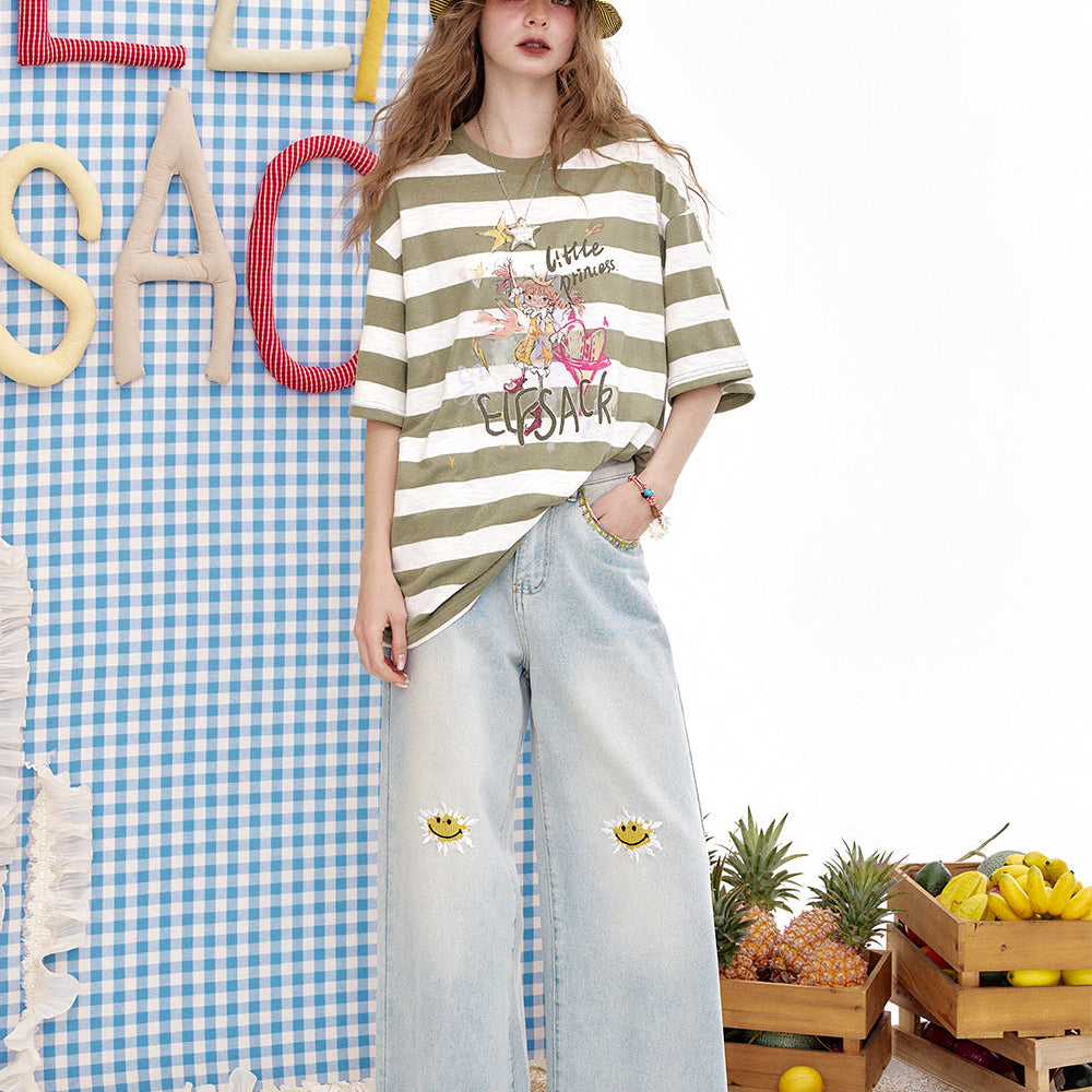 
                  
                    ELFSACK 2025 Summer New Arrivals Striped Printed Loose Casual Short Sleeve T-Shirt For Women
                  
                