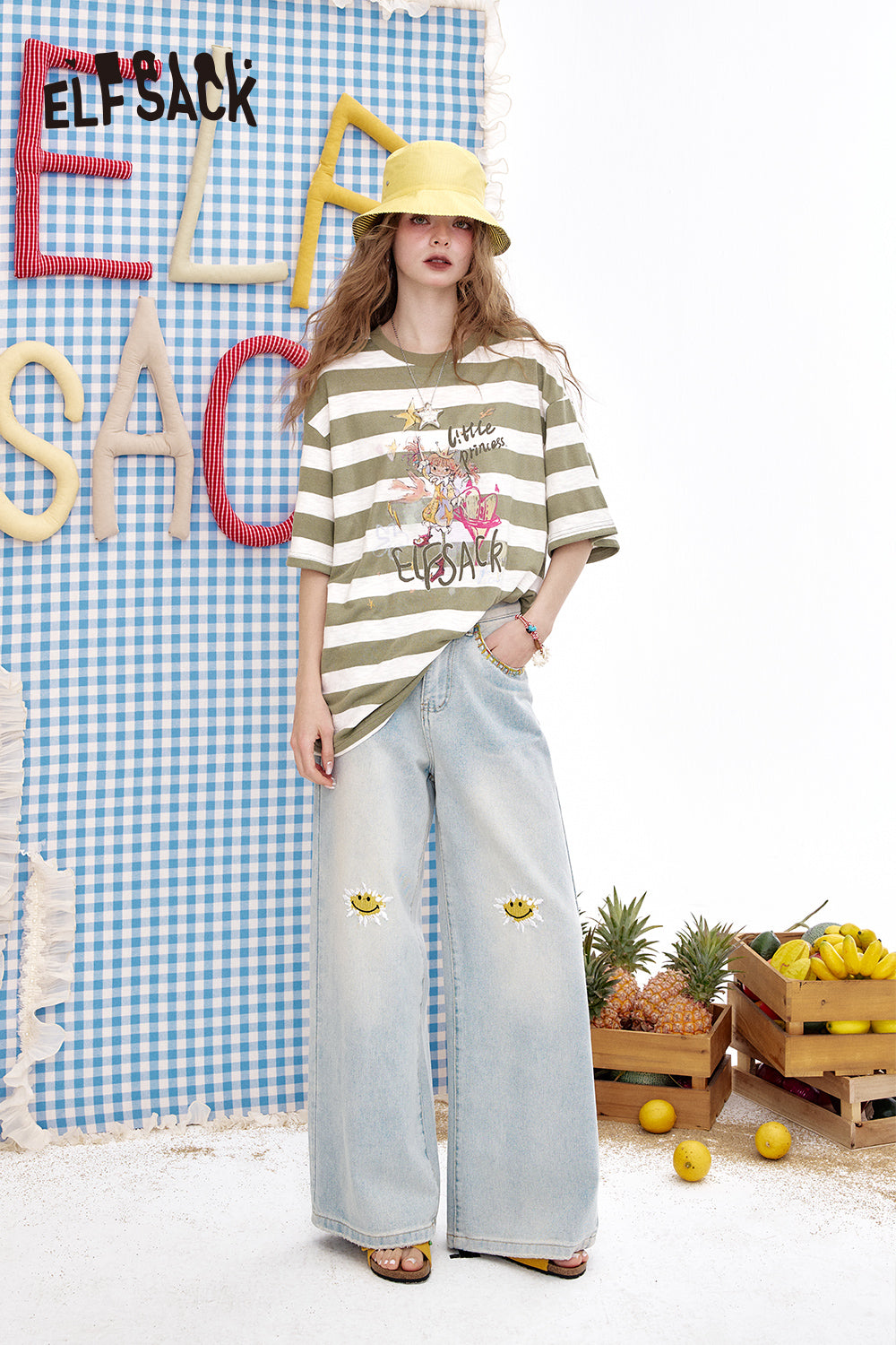 ELFSACK Striped Printed Loose Casual Short Sleeve T-Shirt