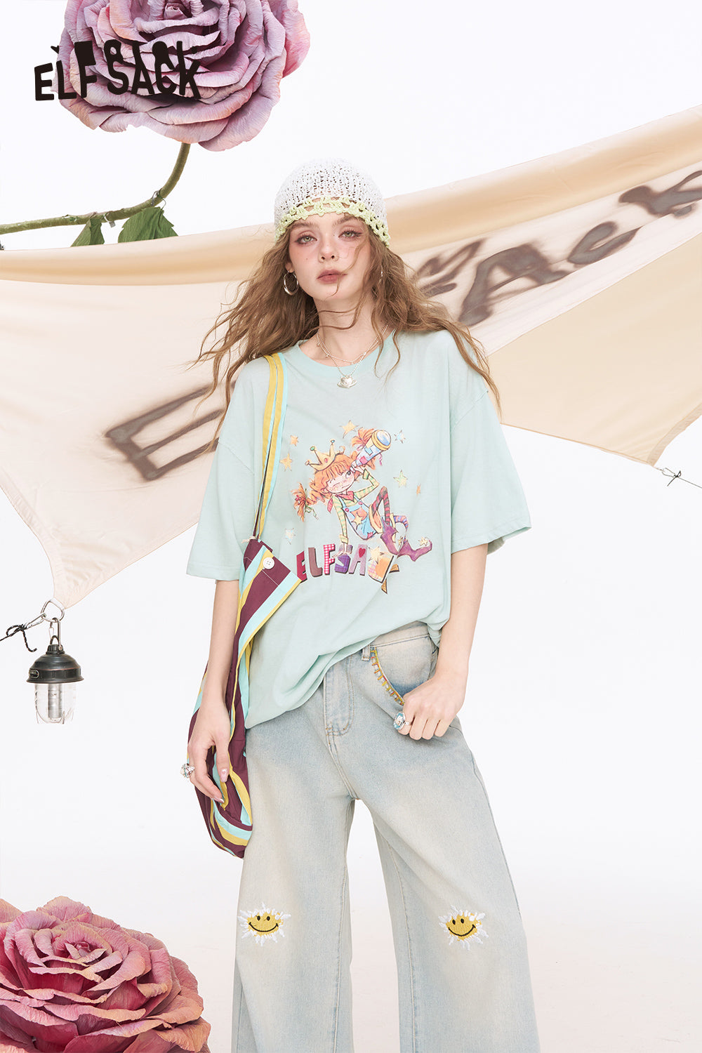 ELFSACK Printed Loose Casual Short Sleeve T-Shirt