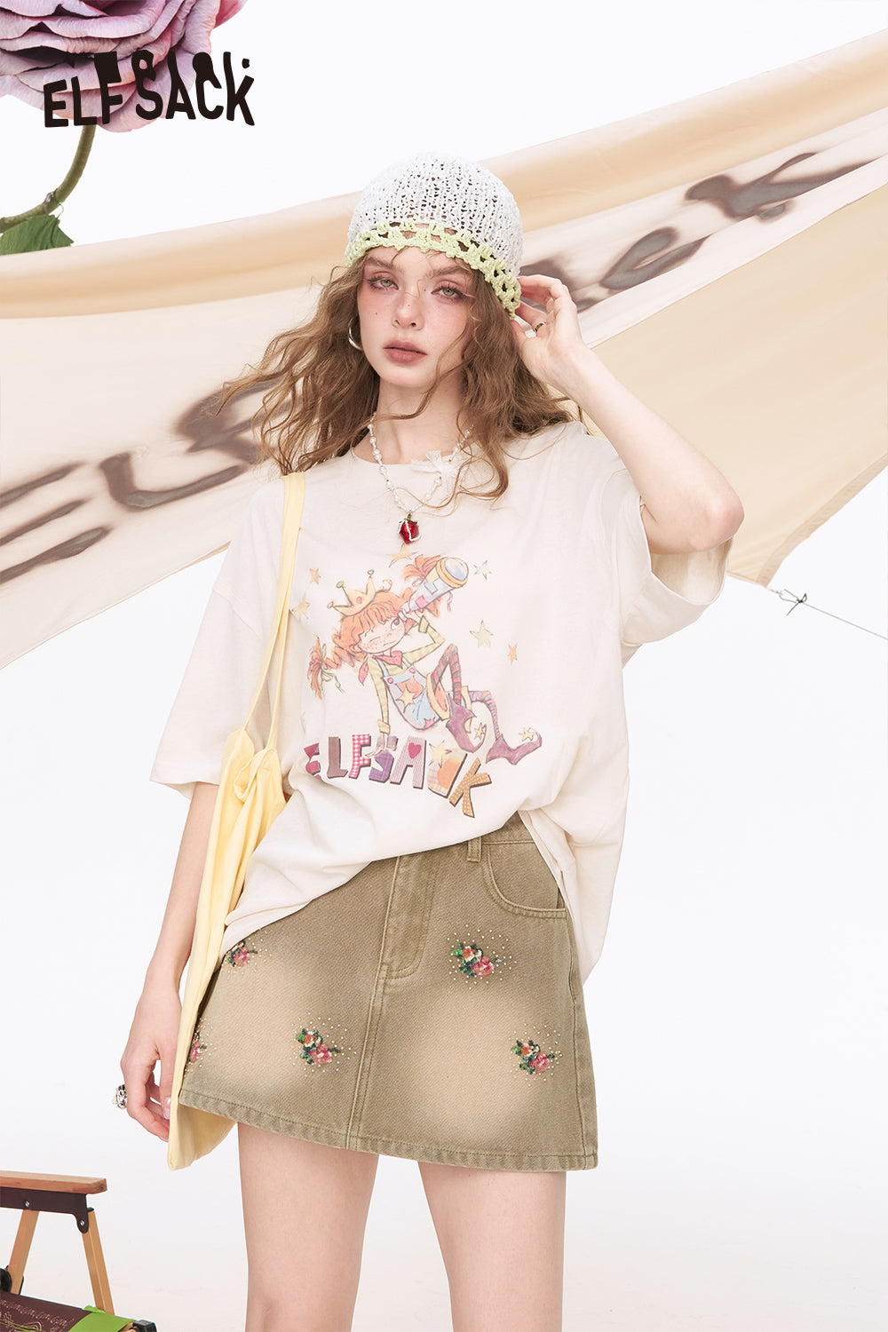ELFSACK Printed Loose Casual Short Sleeve T-Shirt