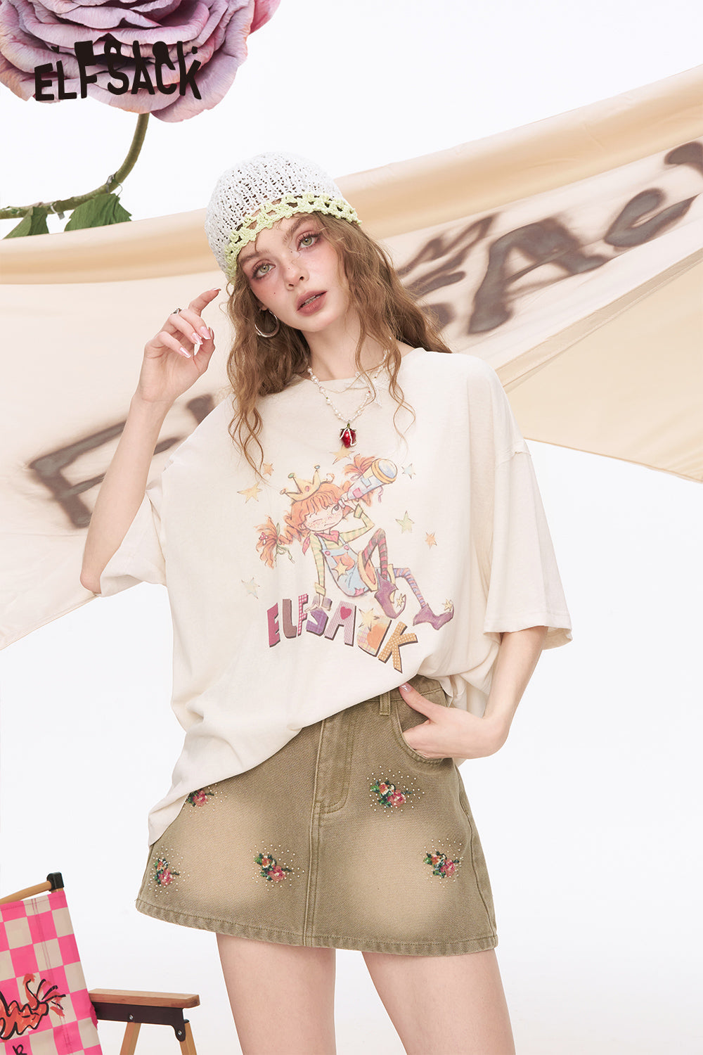 ELFSACK Printed Loose Casual Short Sleeve T-Shirt
