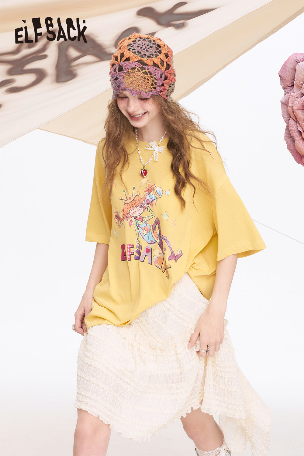 ELFSACK Printed Loose Casual Short Sleeve T-Shirt