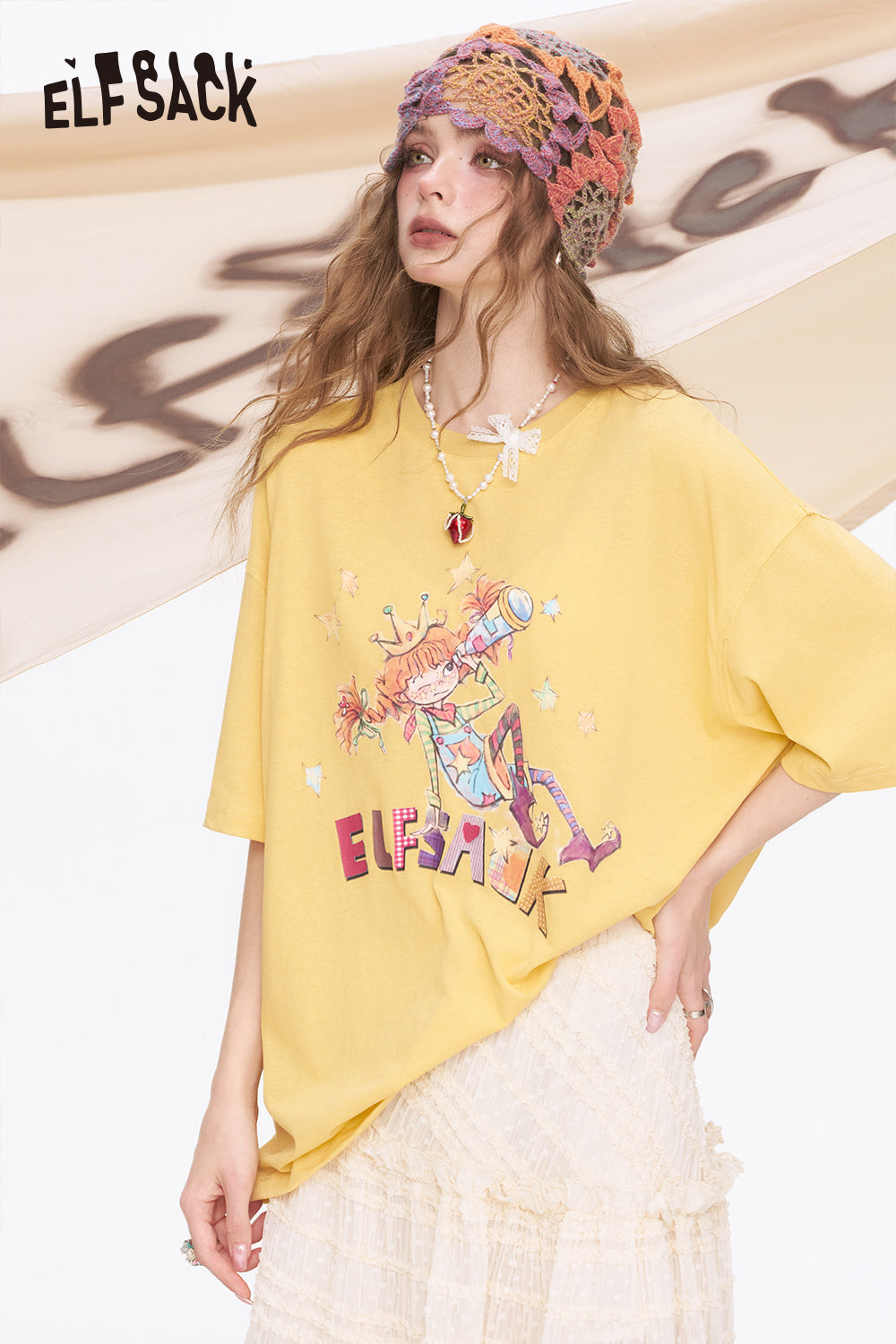 ELFSACK Printed Loose Casual Short Sleeve T-Shirt