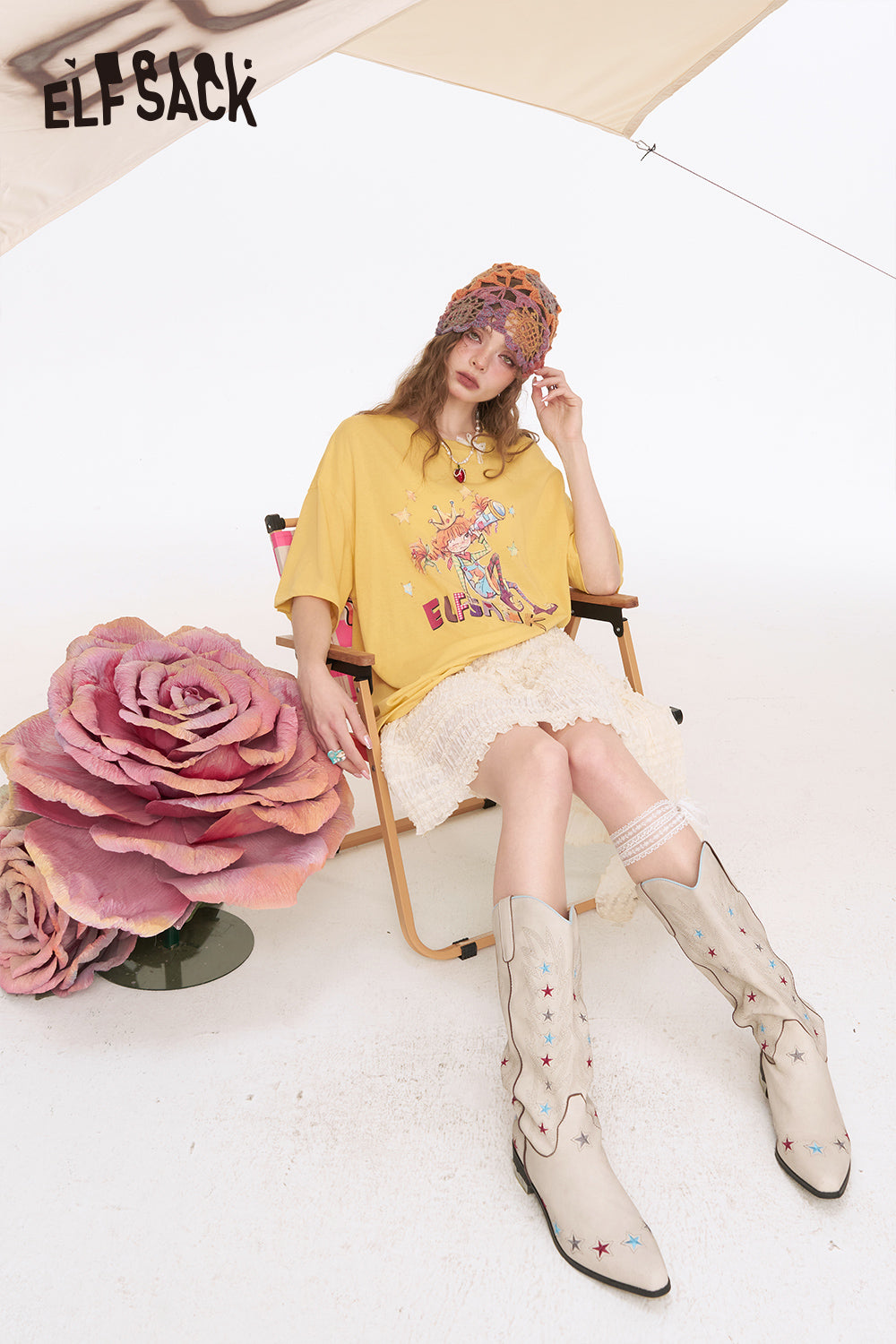 ELFSACK Printed Loose Casual Short Sleeve T-Shirt