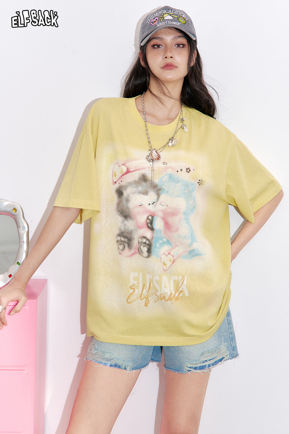 ELFSACK 2025 Summer New Arrivals Cat Printed Loose Short Sleeved Casual T-Shirt For Women