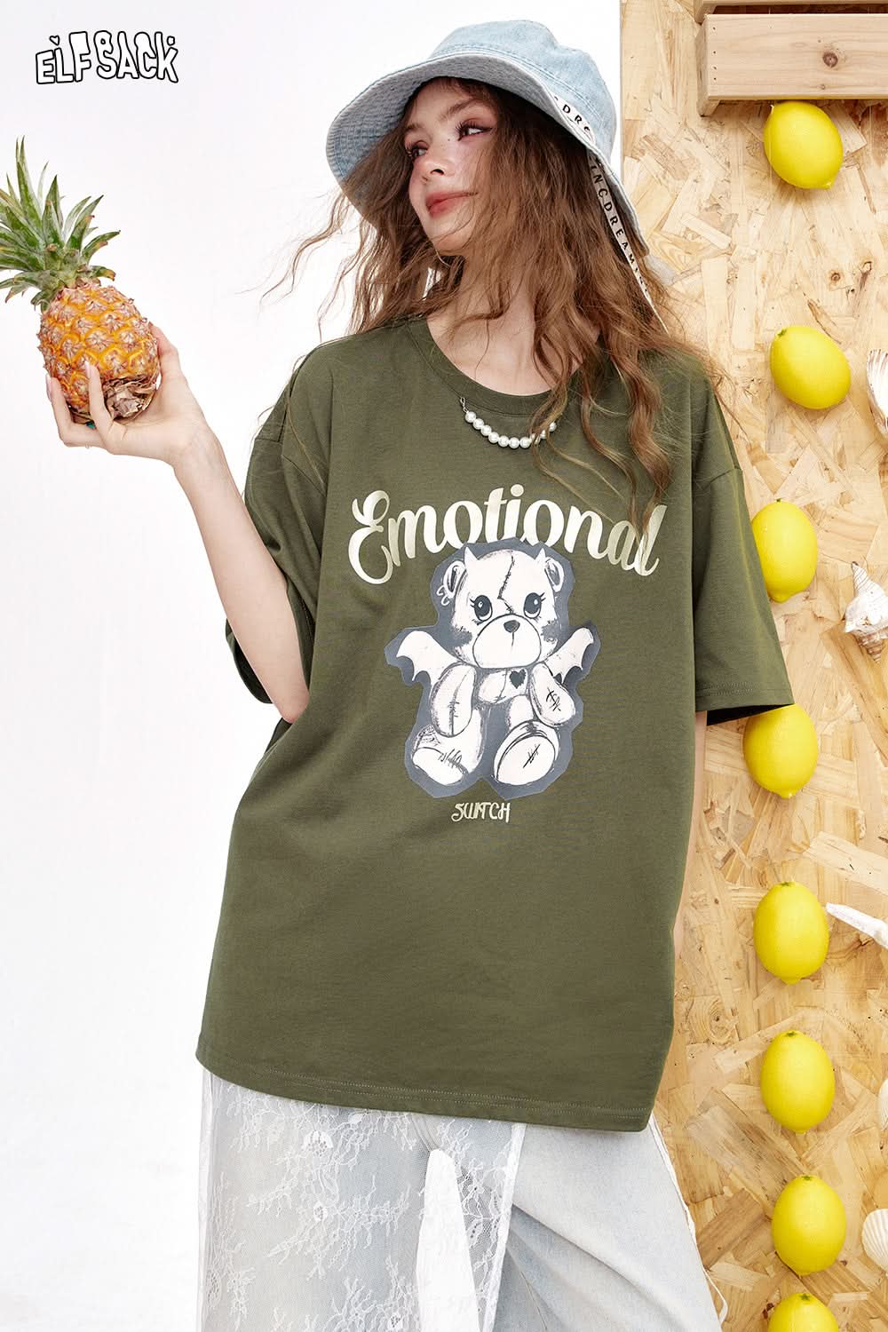 ELFSACK Rose Red Printed Short Sleeved Dopamine T-Shirt