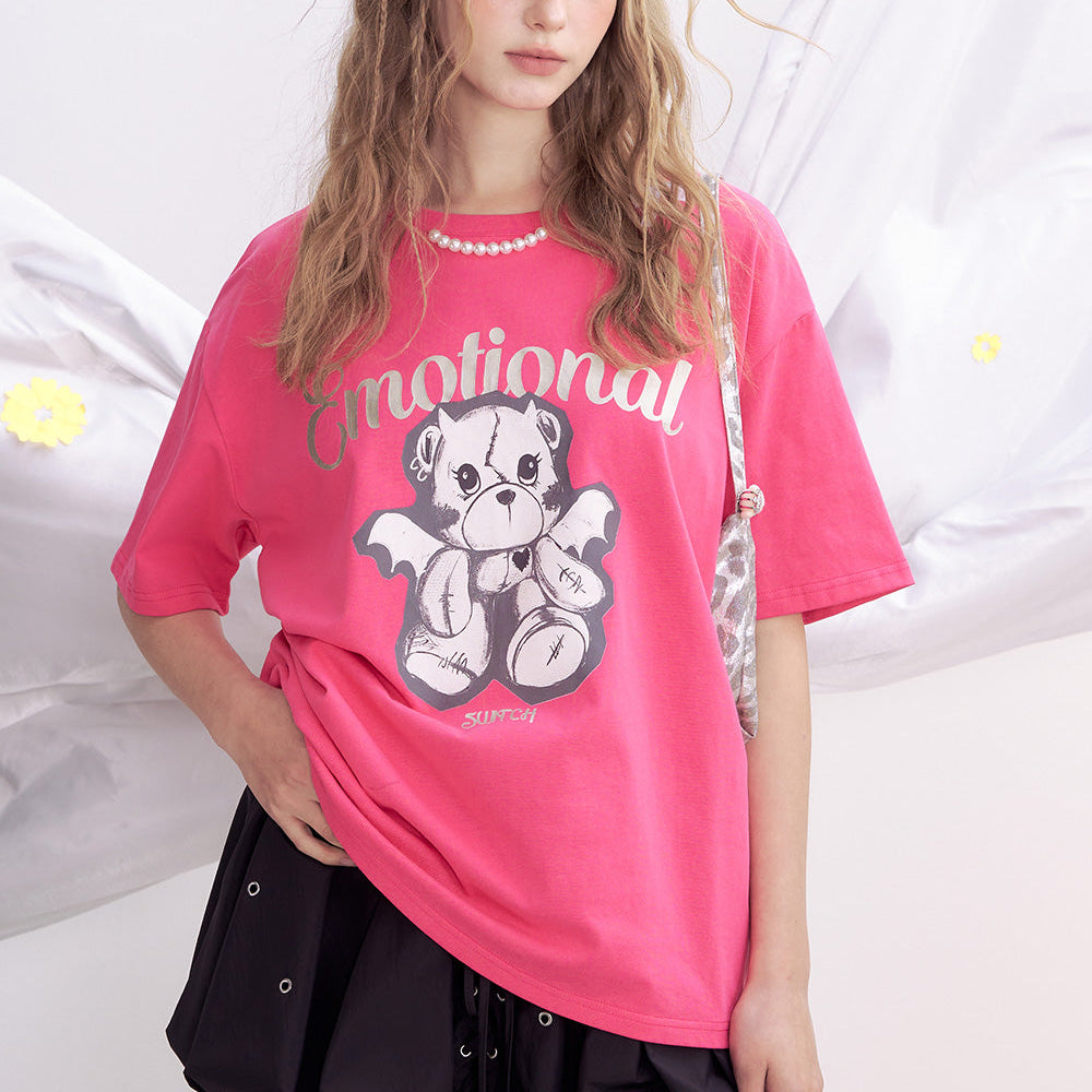 ELFSACK 2025 Summer New Arrivals Rose Red Printed Short Sleeved Dopamine T-Shirt For Women