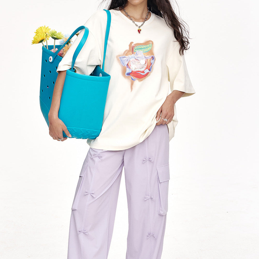 
                  
                    ELFSACK 2025 Summer New Arrivals Off White Printed Casual Short Sleeved T-Shirt For Women
                  
                