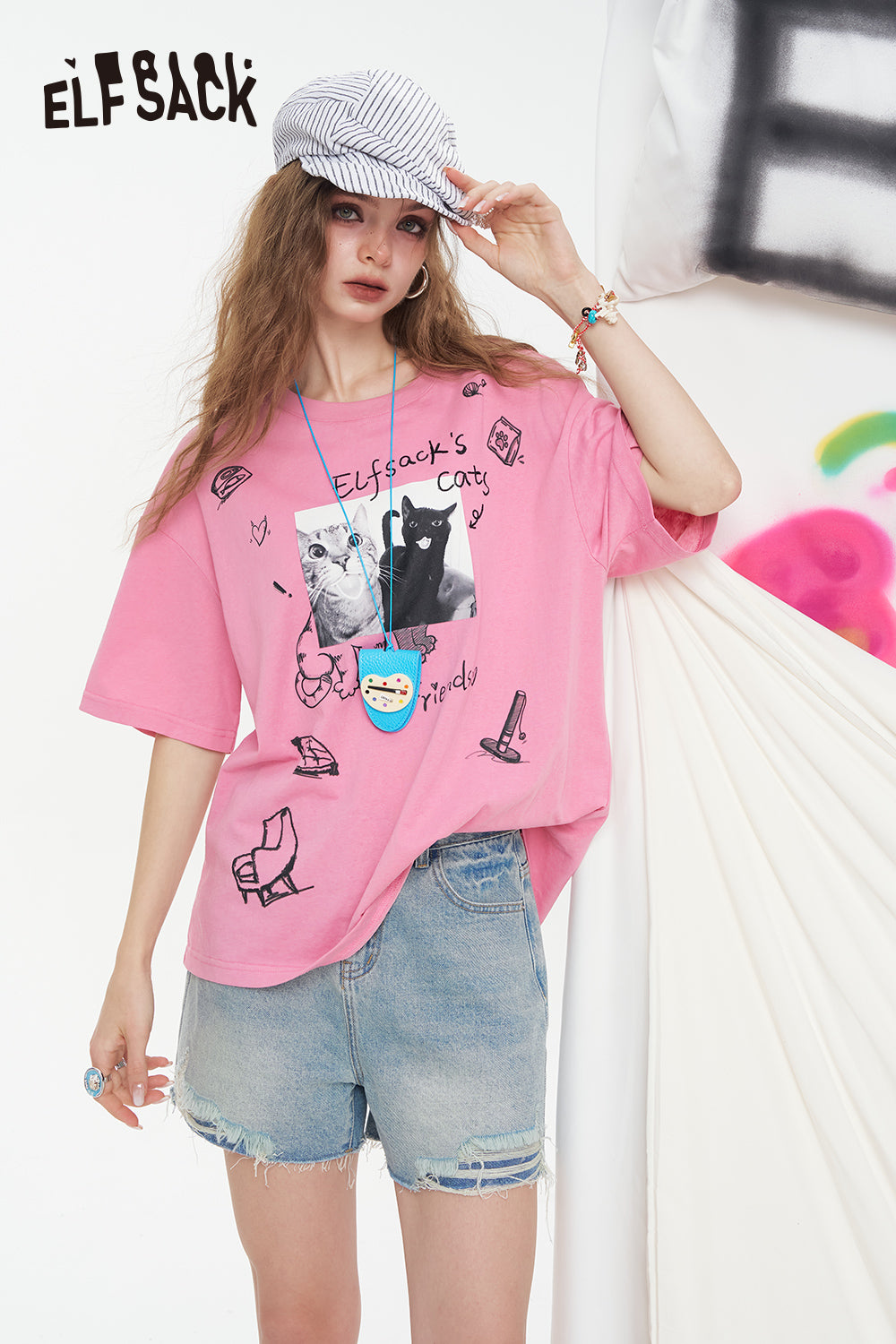 ELFSACK Pink Cat Graffiti Printed Short Sleeve Casual T-Shirt