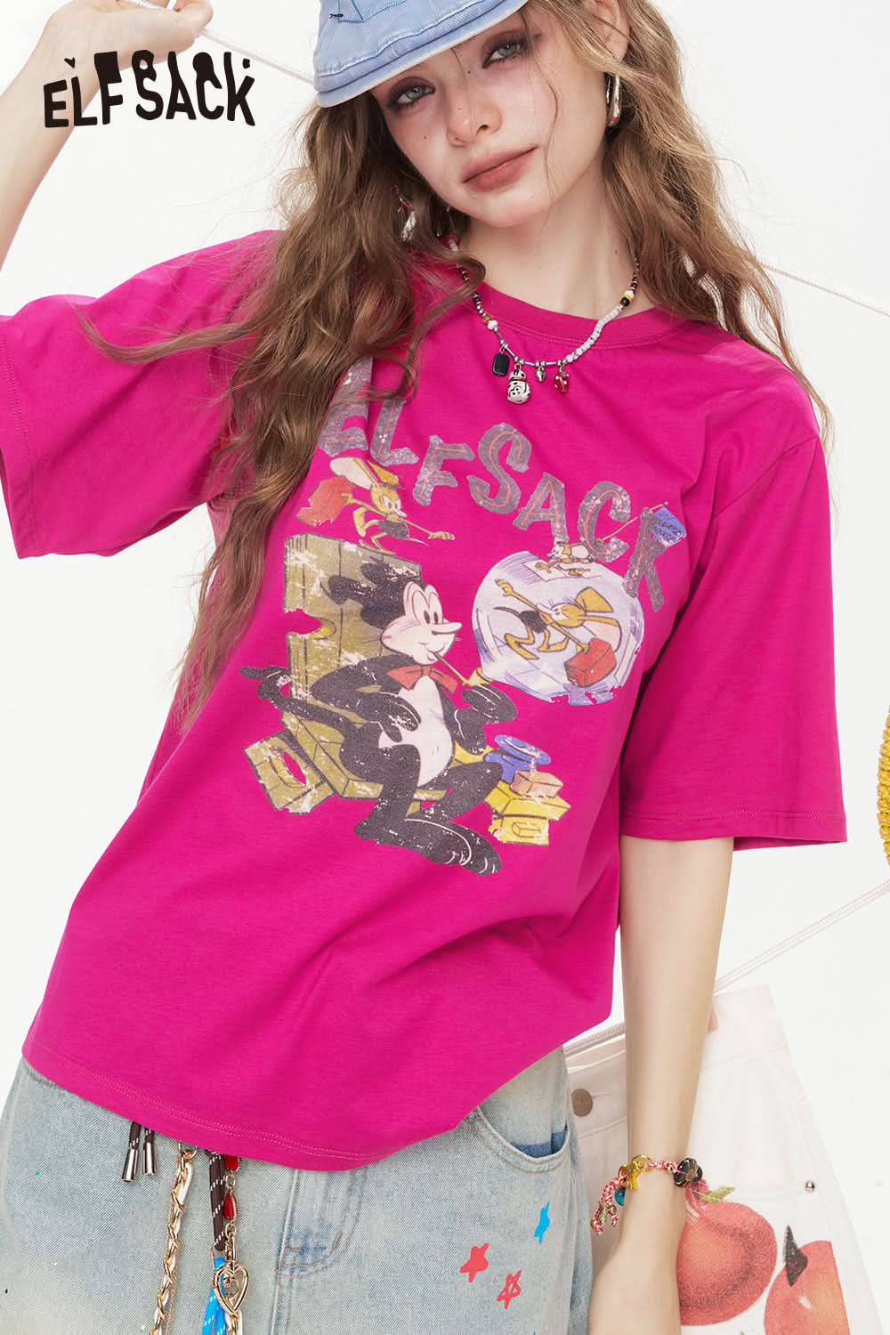 ELFSACK Cartoon Printed Short Sleeved Casual T-Shirt