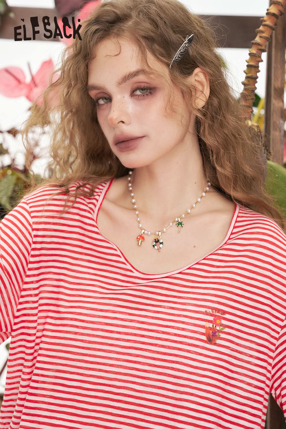 ELFSACK Pink Retro Striped Embroidered Short Sleeve Chic T-Shirt