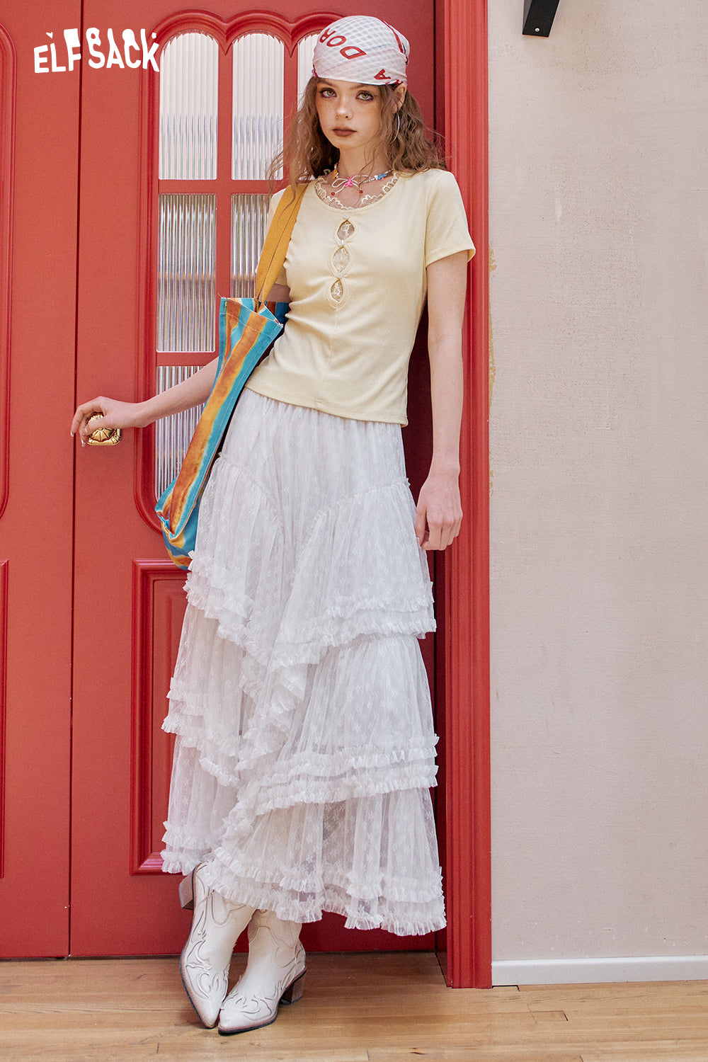 ELFSACK Lace Patchwork V-Neck Short Sleeve Chic T-Shirt