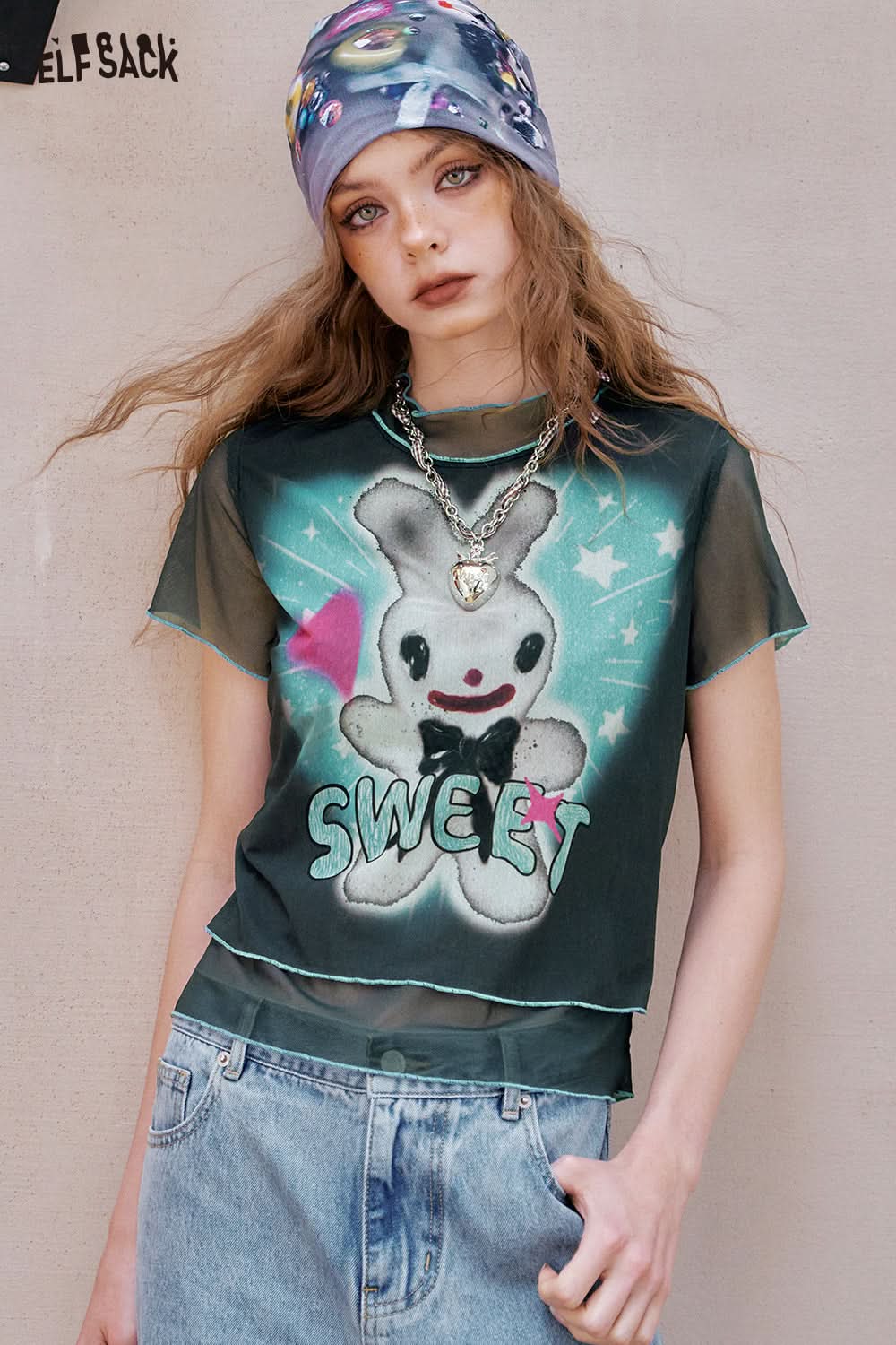 ELFSACK Black Printed Mesh Short Sleeve Chic T-Shirt