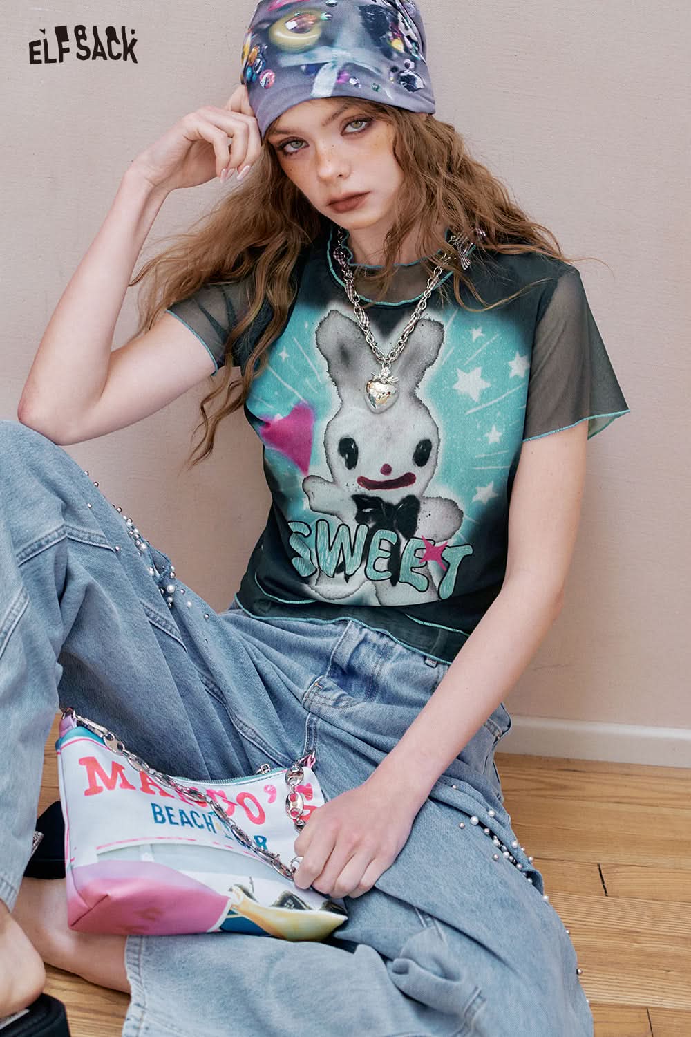 ELFSACK Black Printed Mesh Short Sleeve Chic T-Shirt