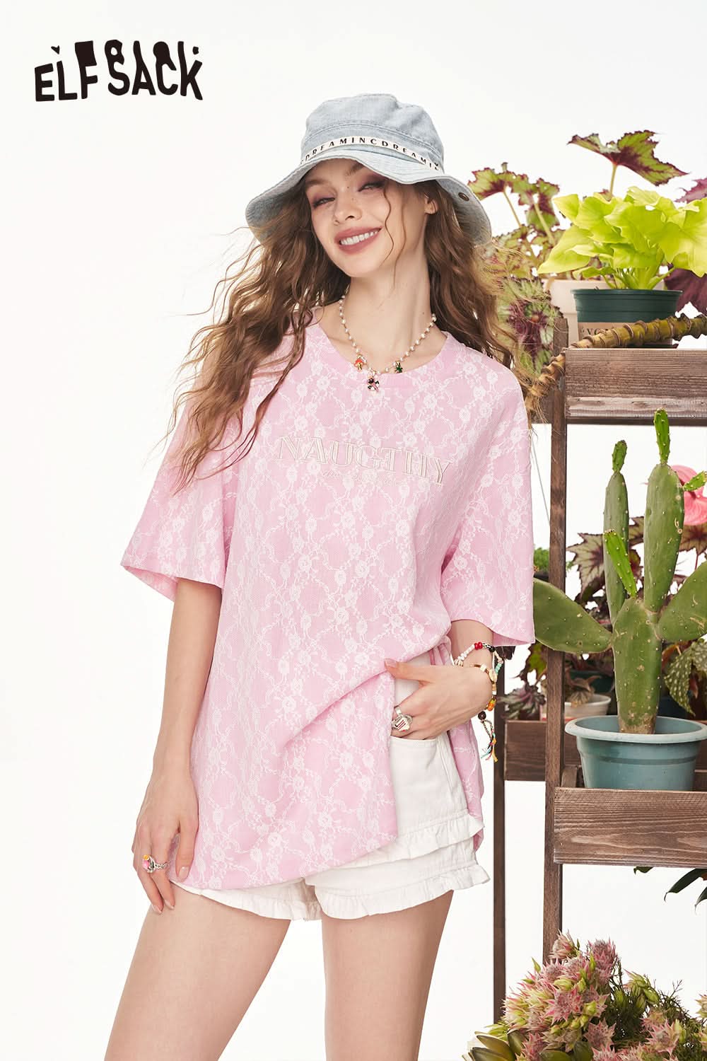 ELFSACK Pink Lace Letter Loose Casual Short Sleeve T-Shirt