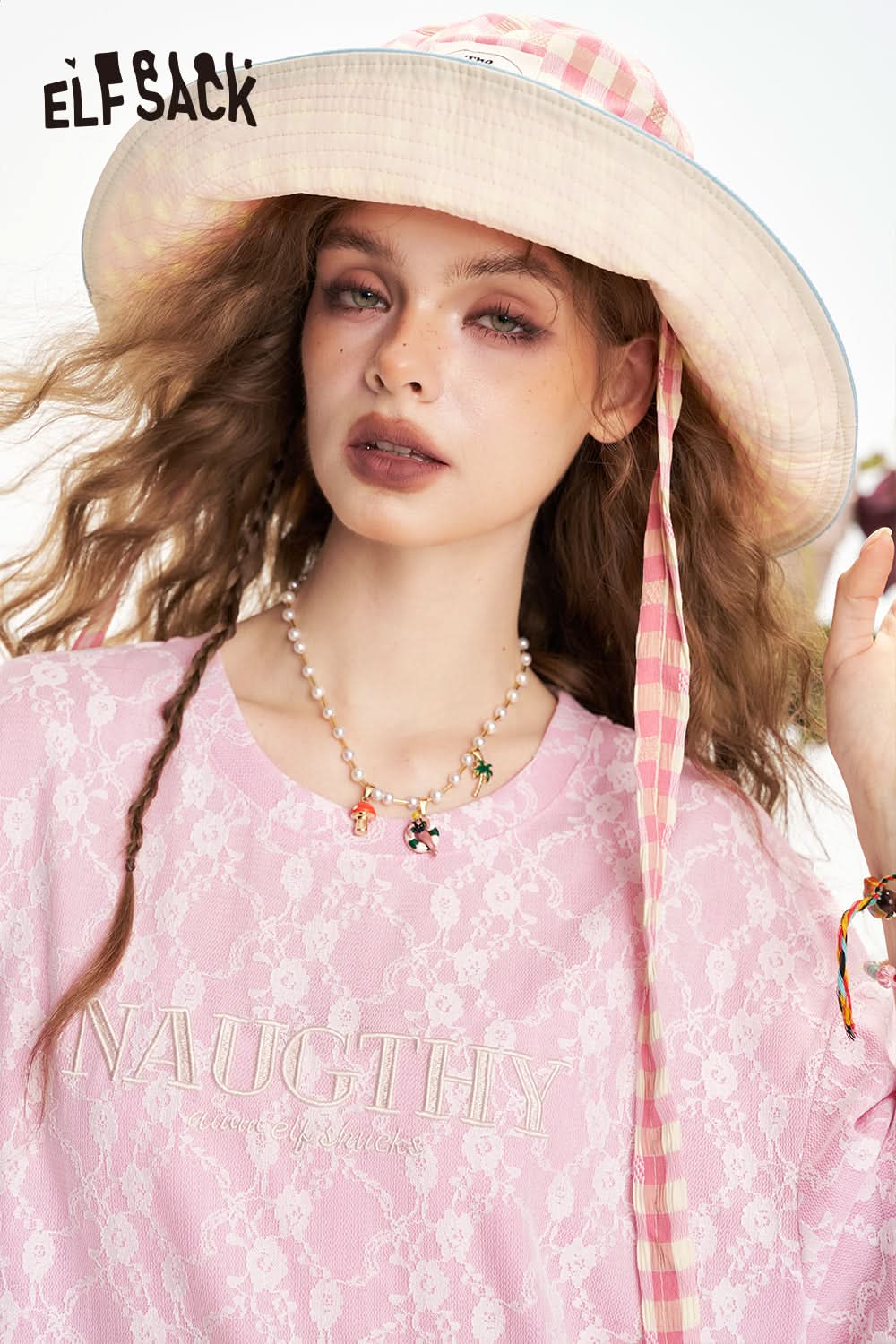 ELFSACK Pink Lace Letter Loose Casual Short Sleeve T-Shirt