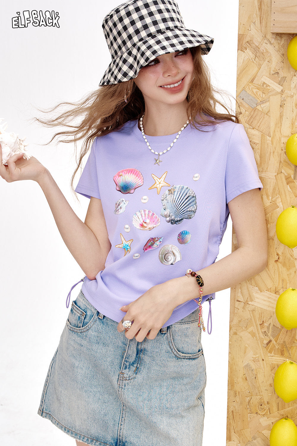 ELFSACK White Shell Print Pleated Short Sleeve Chic T-Shirt