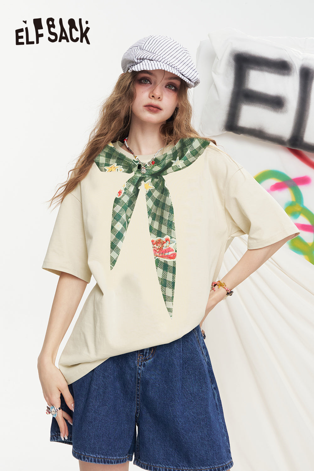 ELFSACK Checkered Tie Printed Short Sleeve Casual T-Shirt
