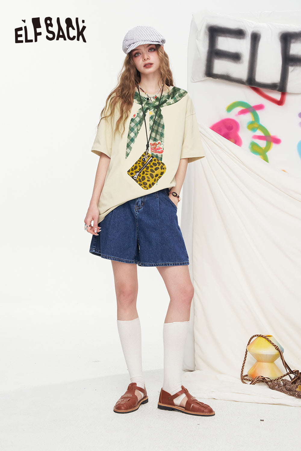 ELFSACK Checkered Tie Printed Short Sleeve Casual T-Shirt