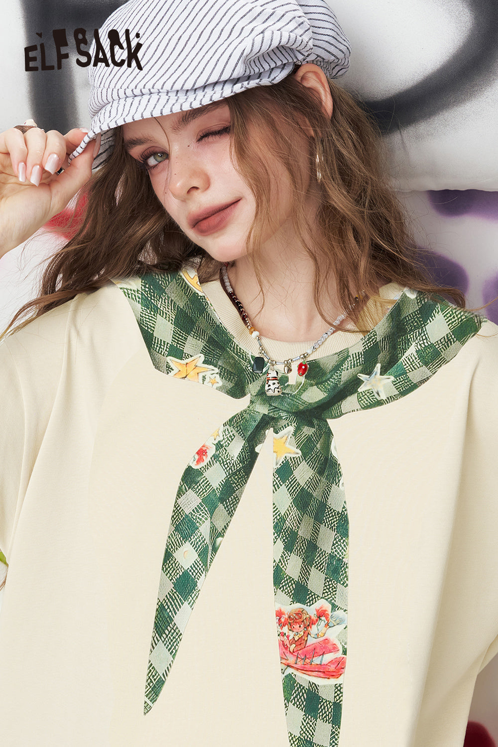 ELFSACK Checkered Tie Printed Short Sleeve Casual T-Shirt