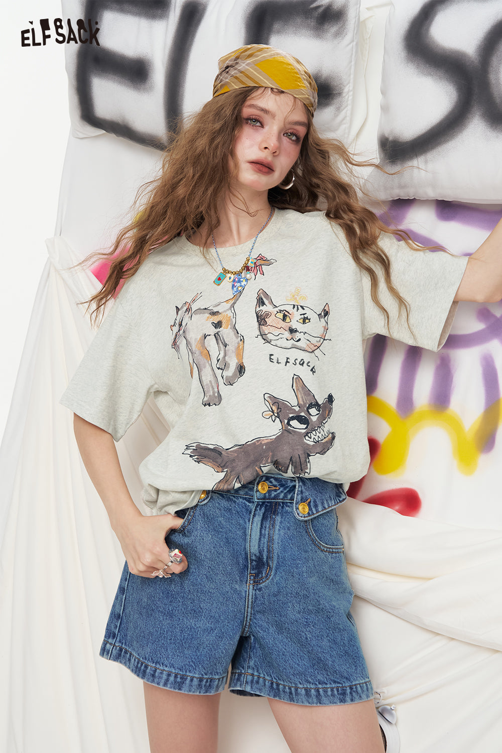 ELFSACK Cartoon Printed Short Sleeved Loose Casual T-Shirt