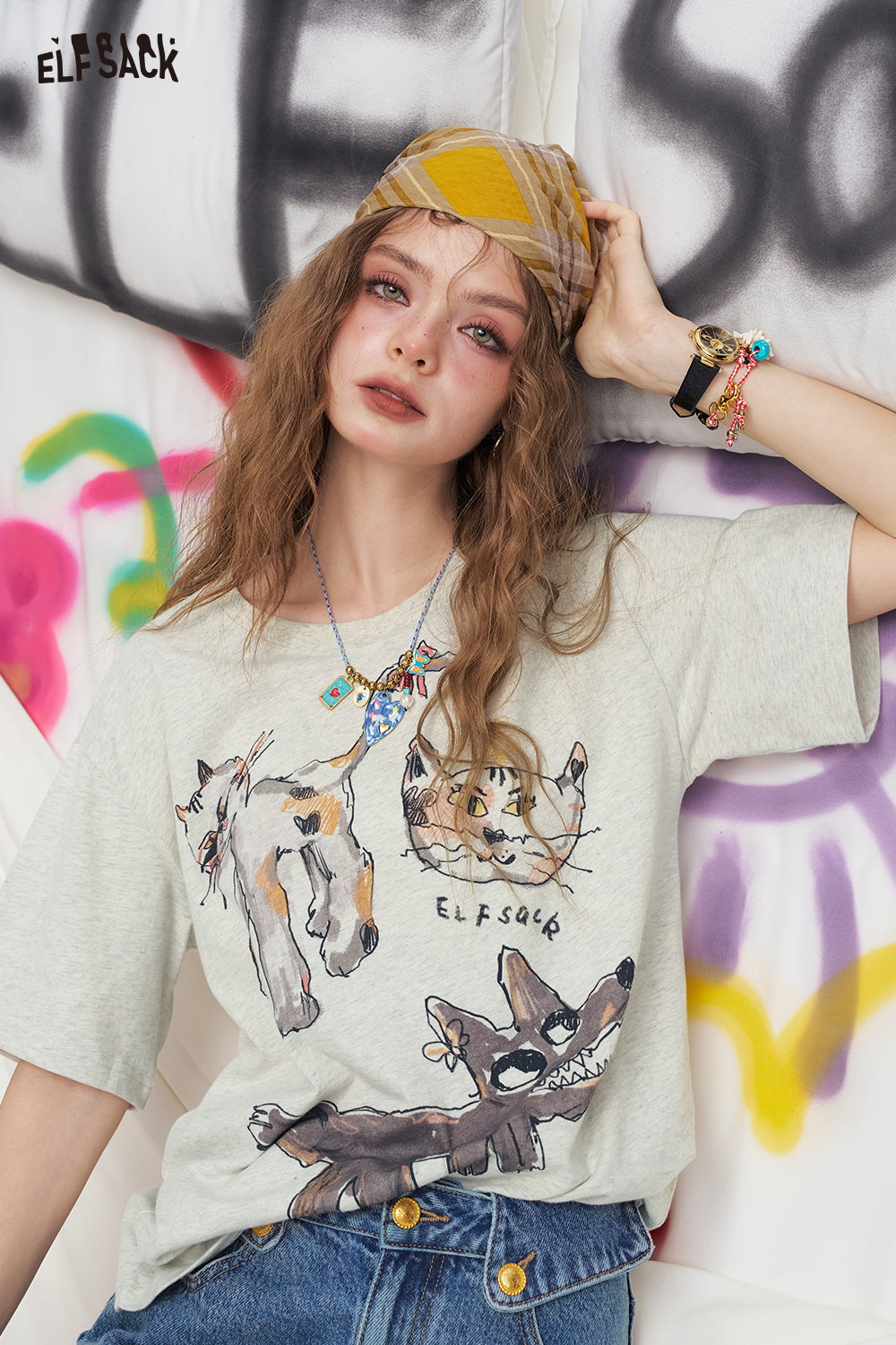 ELFSACK Cartoon Printed Short Sleeved Loose Casual T-Shirt