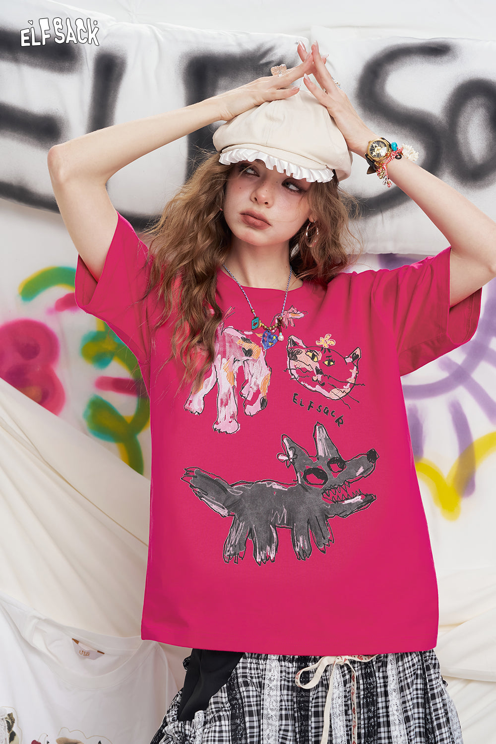 ELFSACK Cartoon Printed Short Sleeved Loose Casual T-Shirt