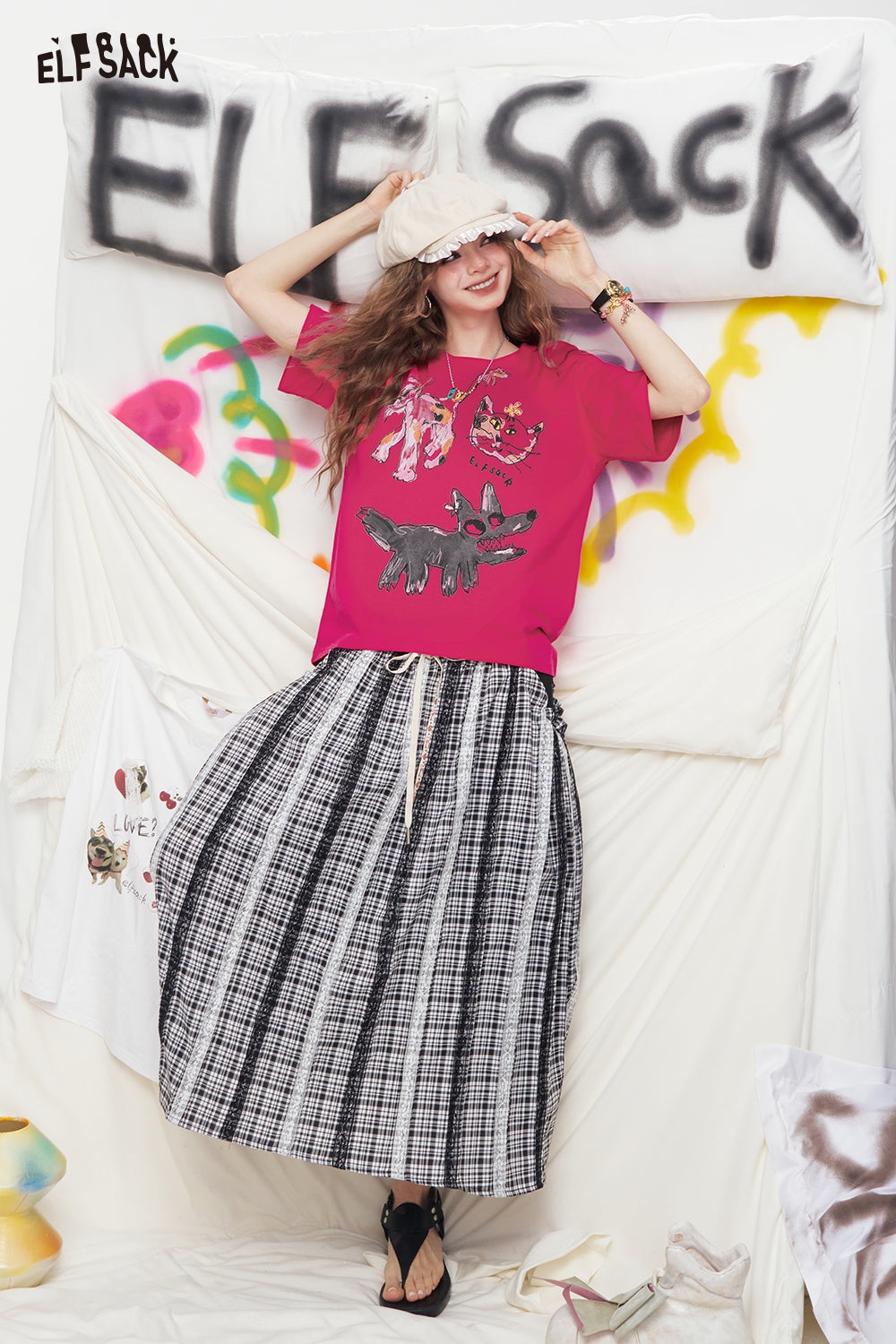 ELFSACK Cartoon Printed Short Sleeved Loose Casual T-Shirt
