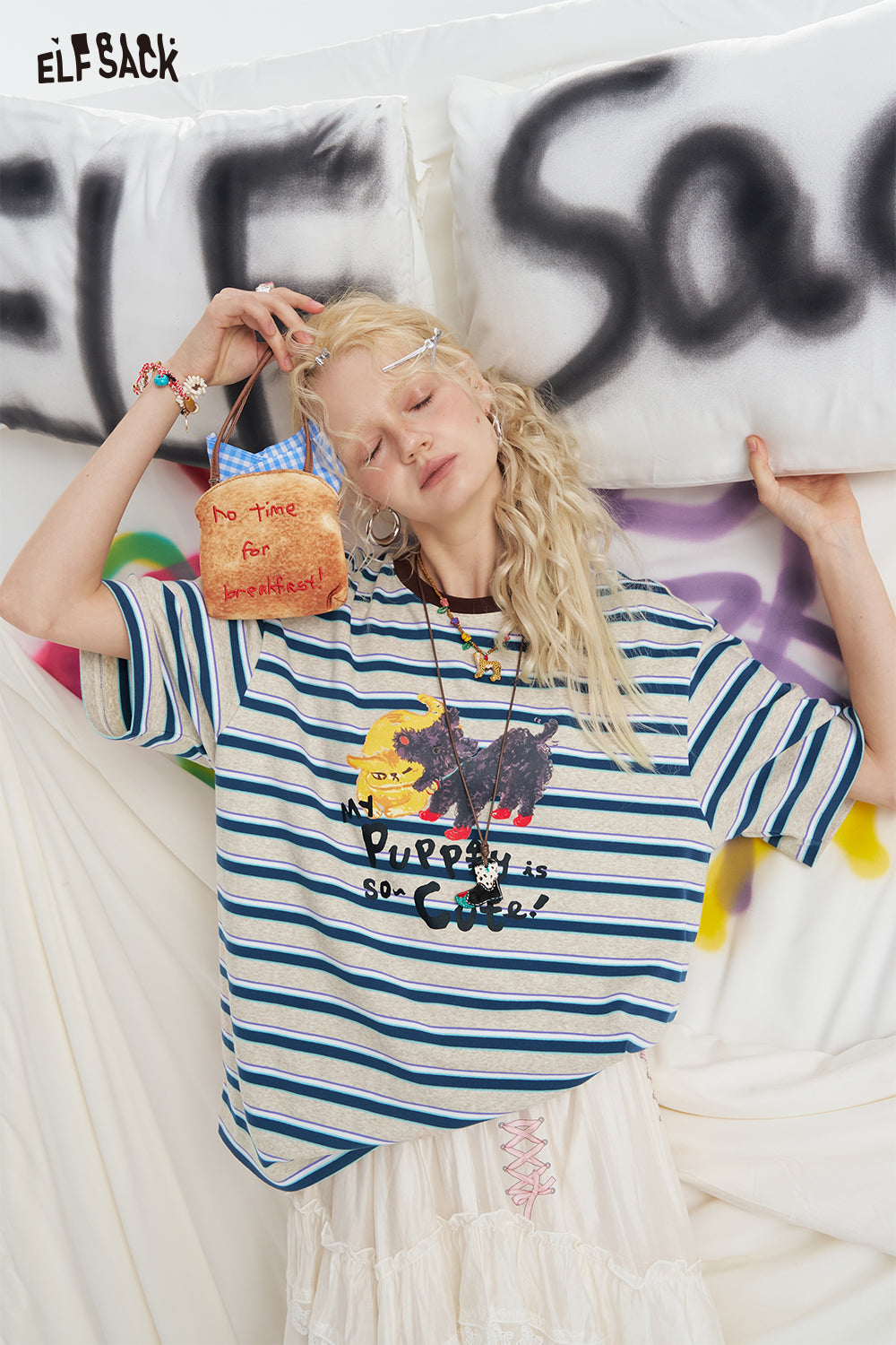 ELFSACK Striped Printed Short Sleeve Casual T-Shirt