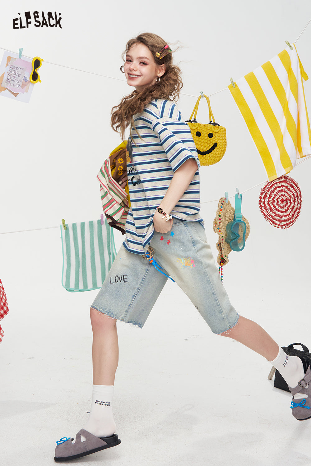ELFSACK Striped Printed Short Sleeve Casual T-Shirt
