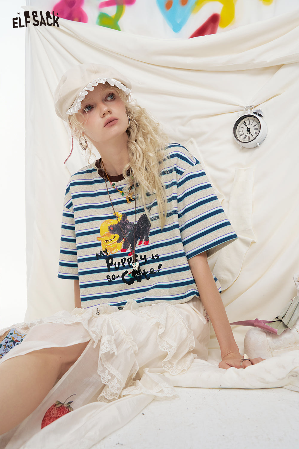 ELFSACK Striped Printed Short Sleeve Casual T-Shirt