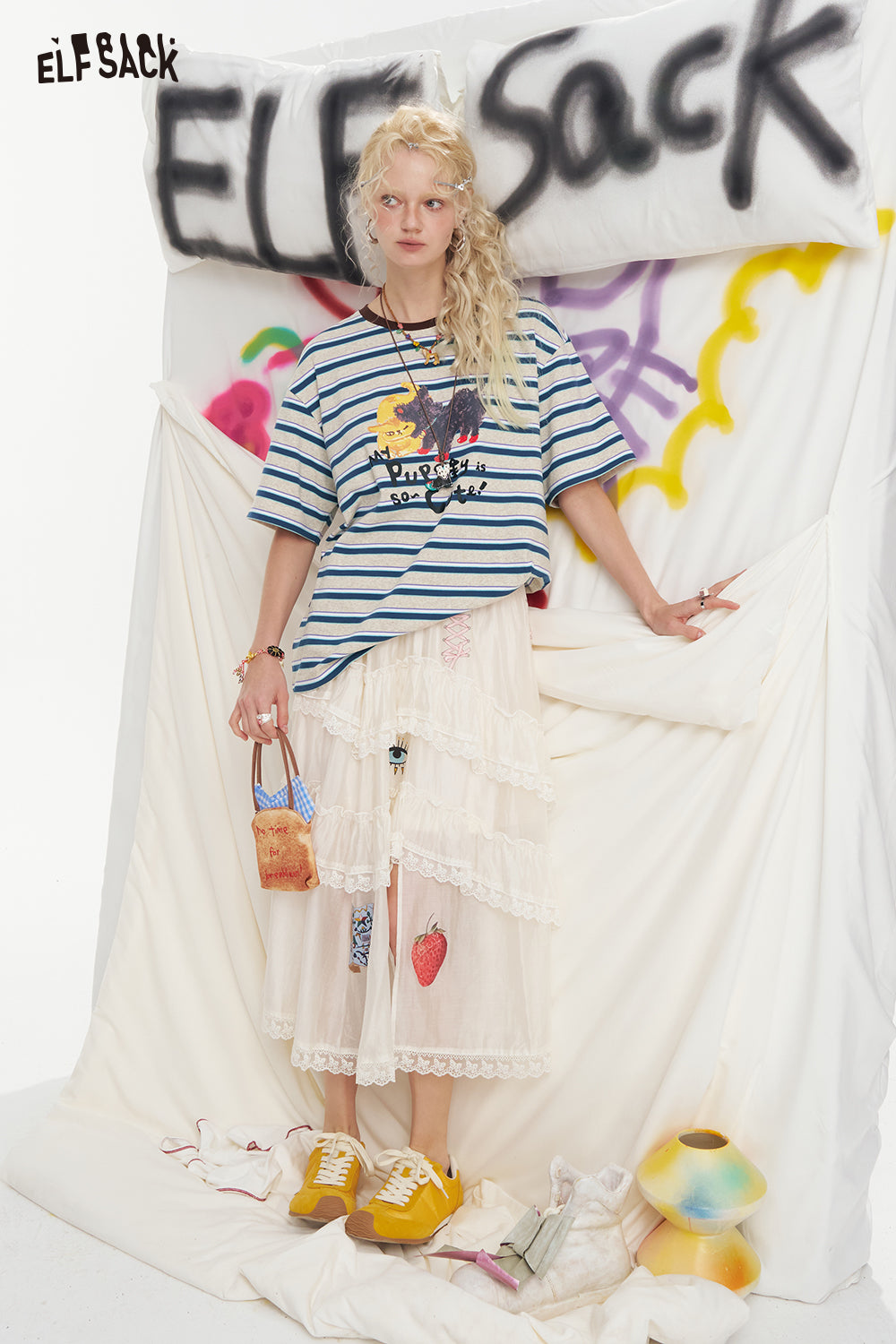 ELFSACK Striped Printed Short Sleeve Casual T-Shirt
