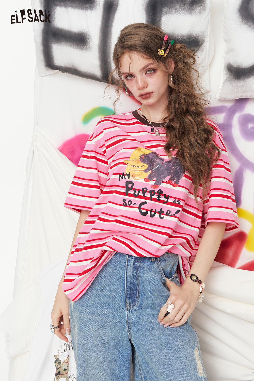 ELFSACK Striped Printed Short Sleeve Casual T-Shirt