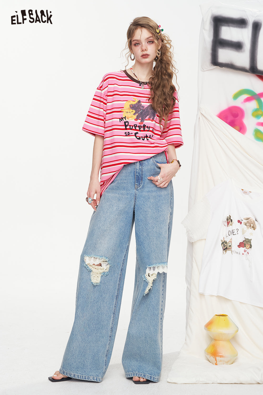 ELFSACK Striped Printed Short Sleeve Casual T-Shirt