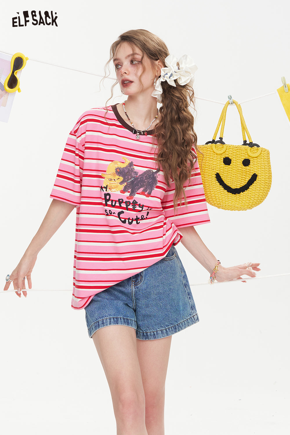 ELFSACK Striped Printed Short Sleeve Casual T-Shirt