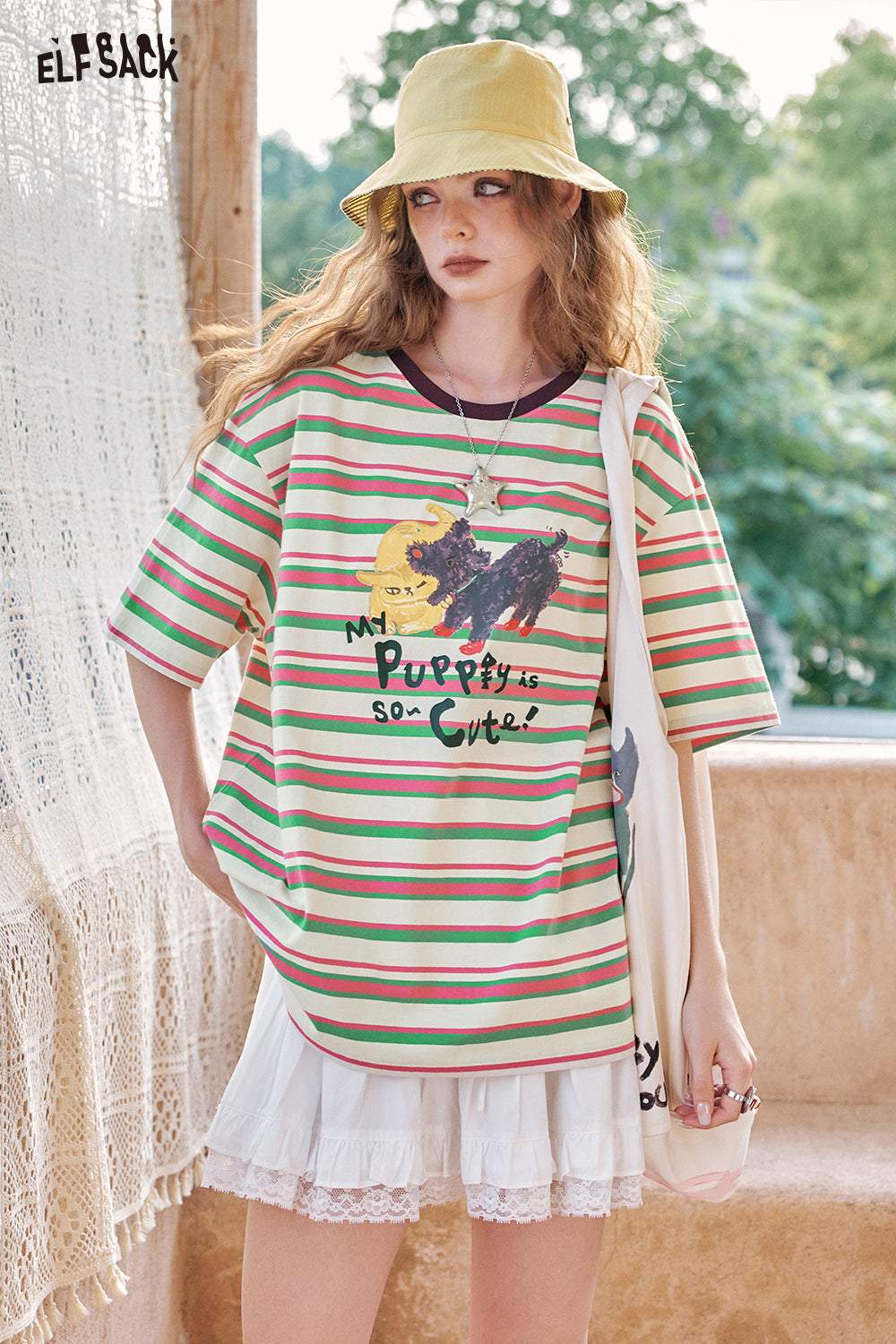 ELFSACK Striped Printed Short Sleeve Casual T-Shirt
