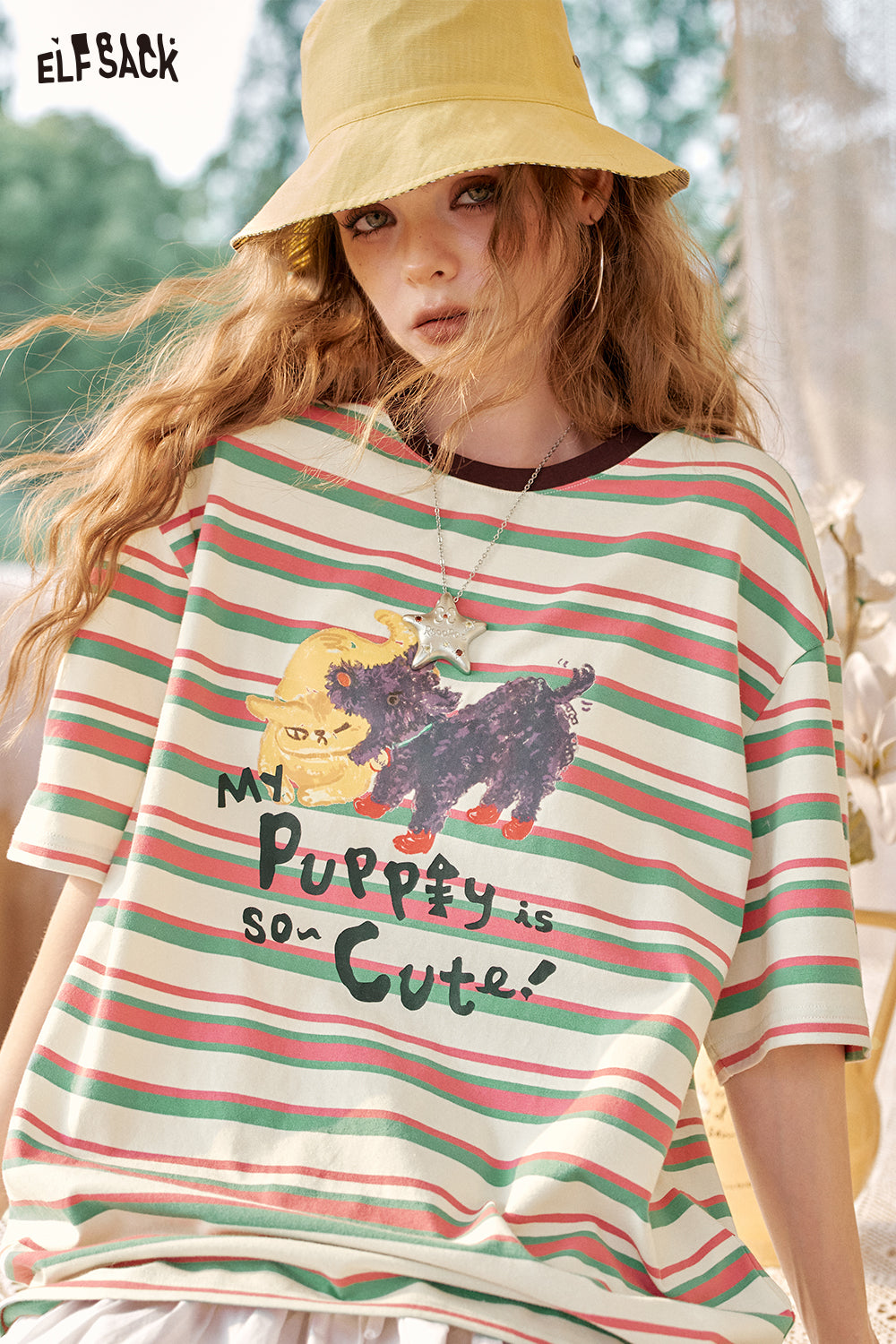 ELFSACK Striped Printed Short Sleeve Casual T-Shirt
