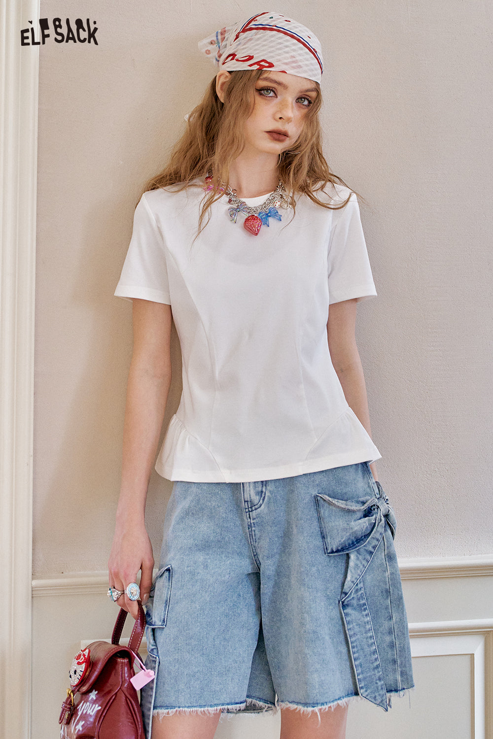 ELFSACK White Ruffled Waist Cinched Short Chic T-Shirt