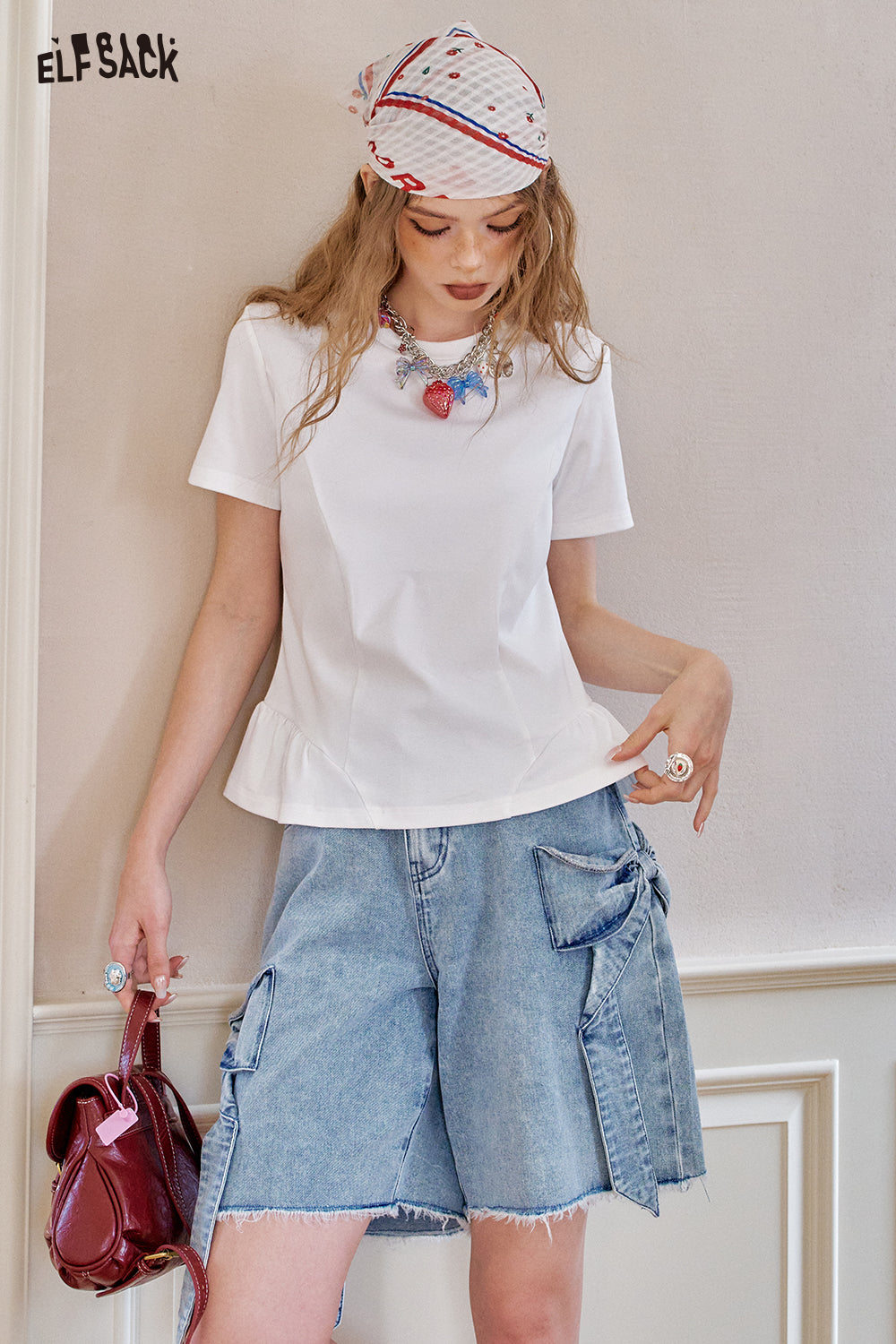 ELFSACK White Ruffled Waist Cinched Short Chic T-Shirt