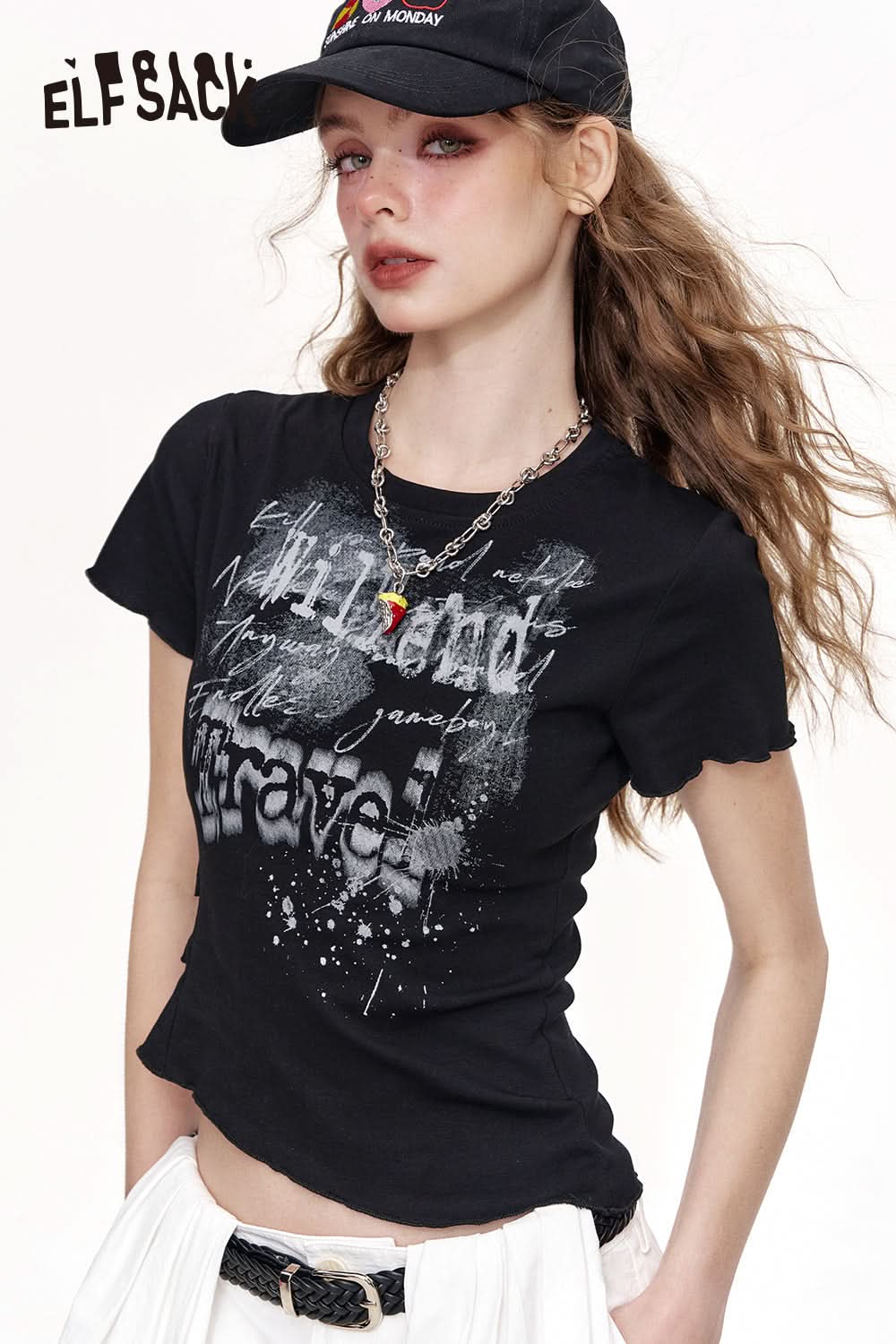 ELFSACK Retro Irregular Printed Short Sleeved Chic T-Shirt