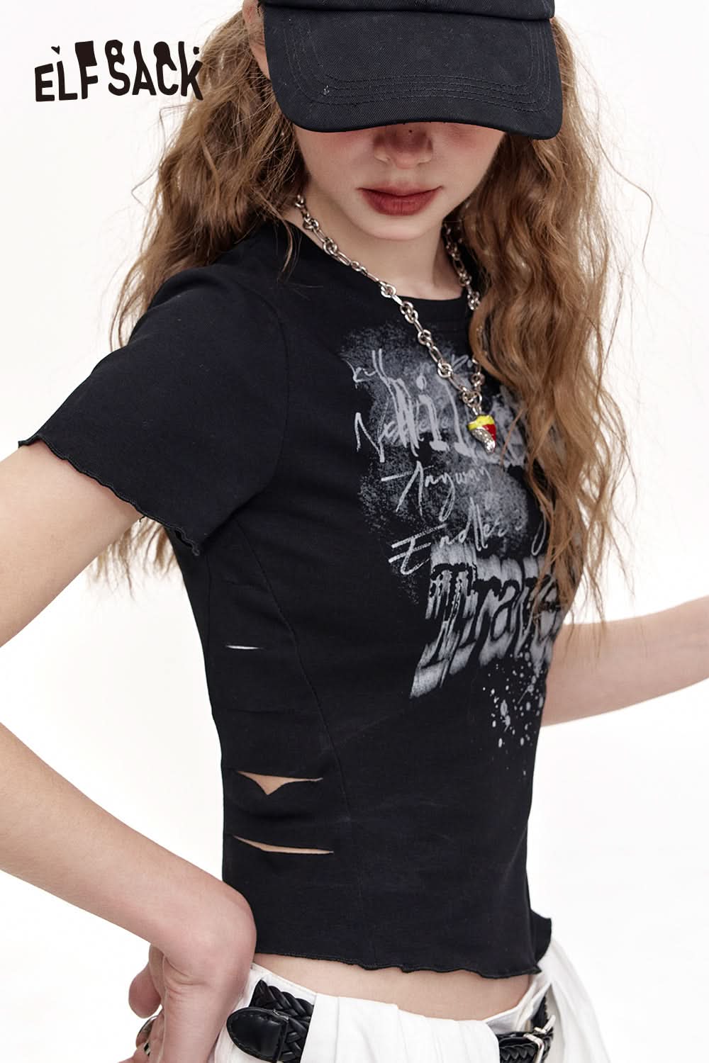 ELFSACK Retro Irregular Printed Short Sleeved Chic T-Shirt