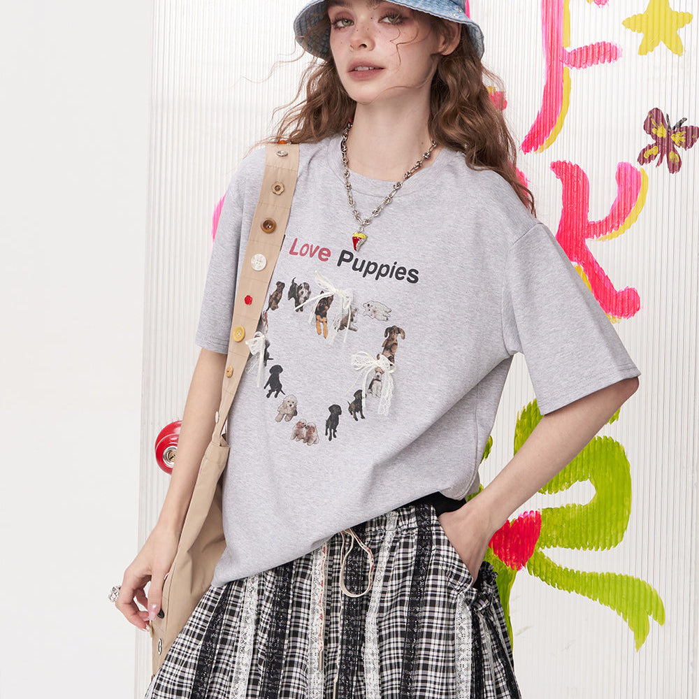 
                  
                    ELFSACK 2025 Summer New Arrivals Bow Lace Puppy Print Casual Short Sleeved T-Shirt For Women
                  
                