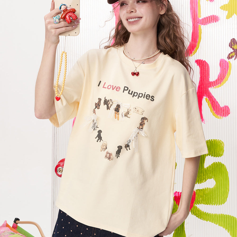 
                  
                    ELFSACK 2025 Summer New Arrivals Bow Lace Puppy Print Casual Short Sleeved T-Shirt For Women
                  
                