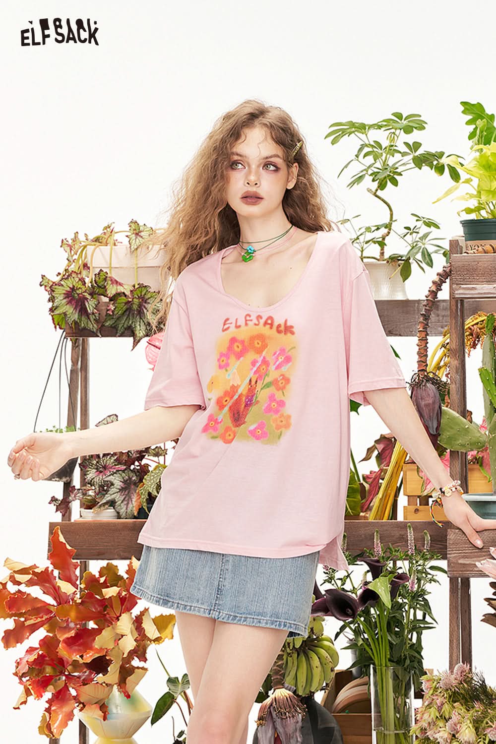 ELFSACK U-Neck Printed Casual Short Sleeve T-Shirt
