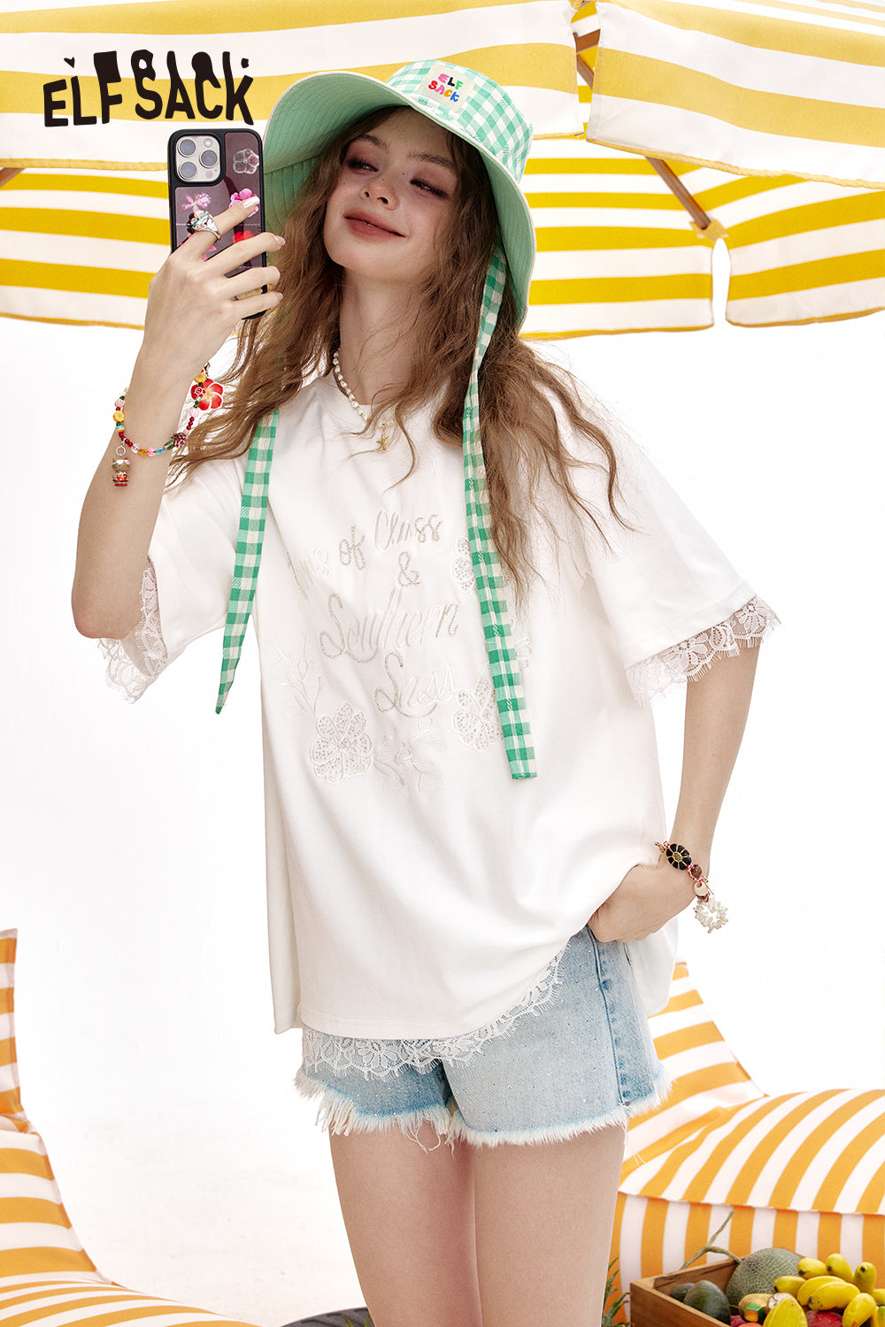 ELFSACK Lace Patchwork Casual Short Sleeve T-Shirt