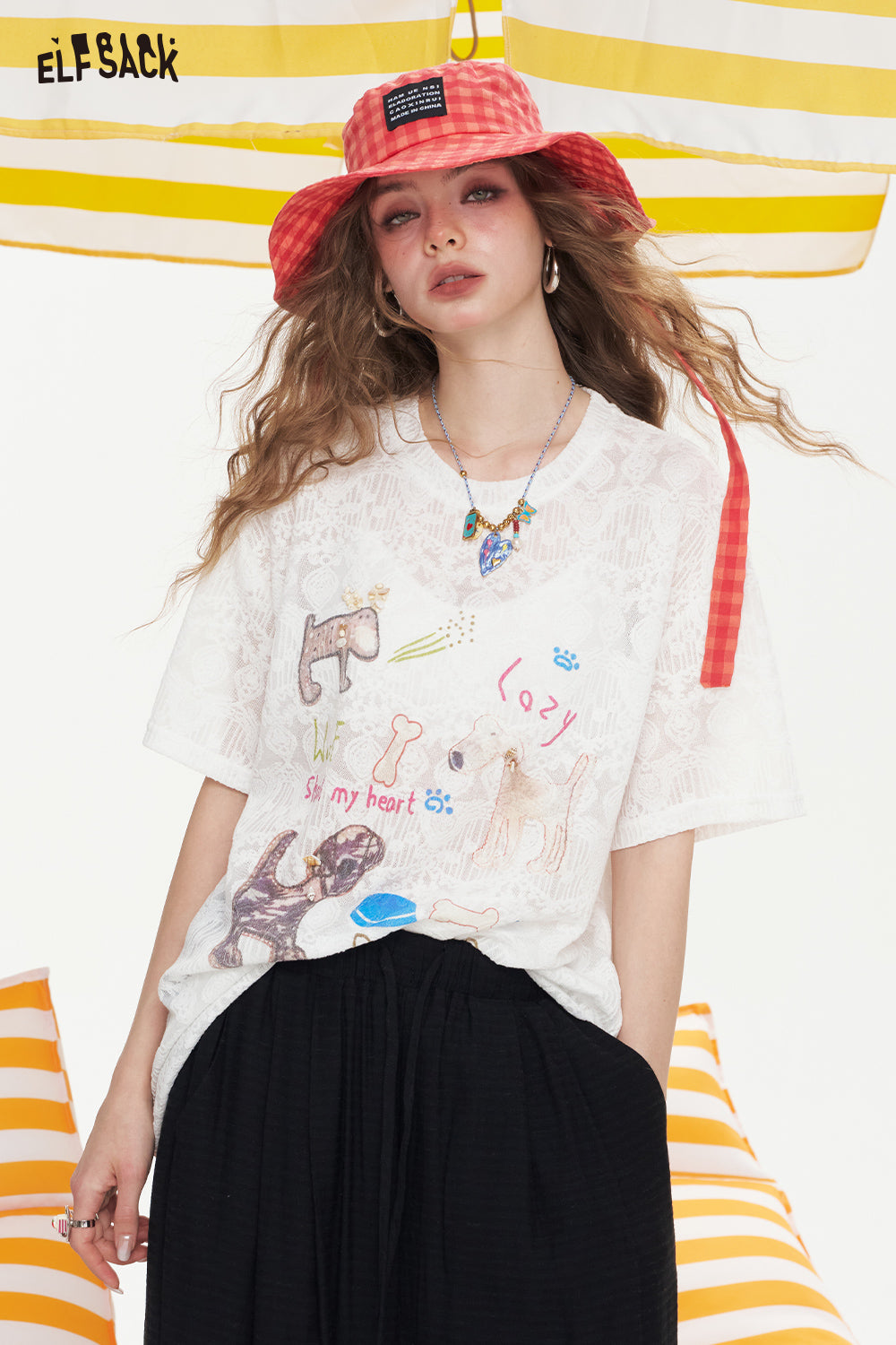 ELFSACK Cartoon Printed Lace Short Sleeve Chic T-Shirt